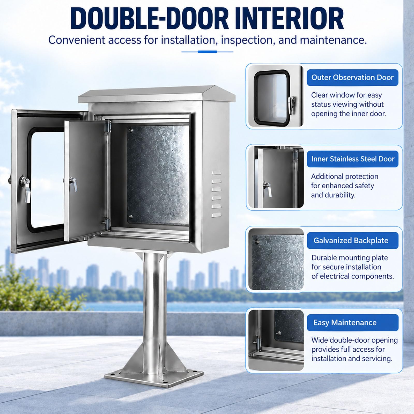 Gabinete Eléctrico para Exterior Acero Inoxidable con Doble Puerta en Poste