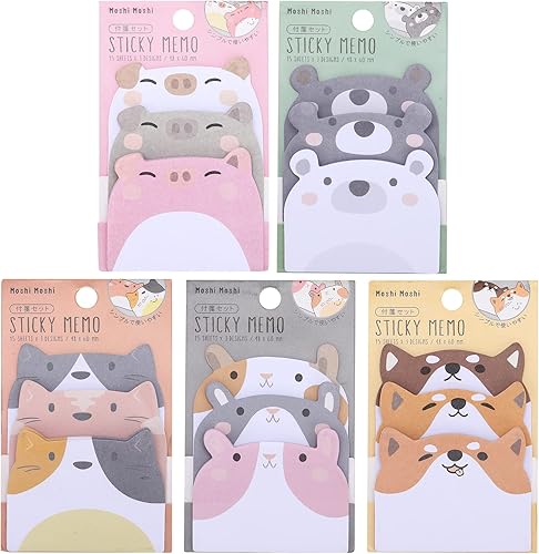PAFUWEI 6 paquetes de notas adhesivas de animales lindos, 225 hojas autoadhesivas de animales de dibujos animados, multifuncionales, extraíbles,