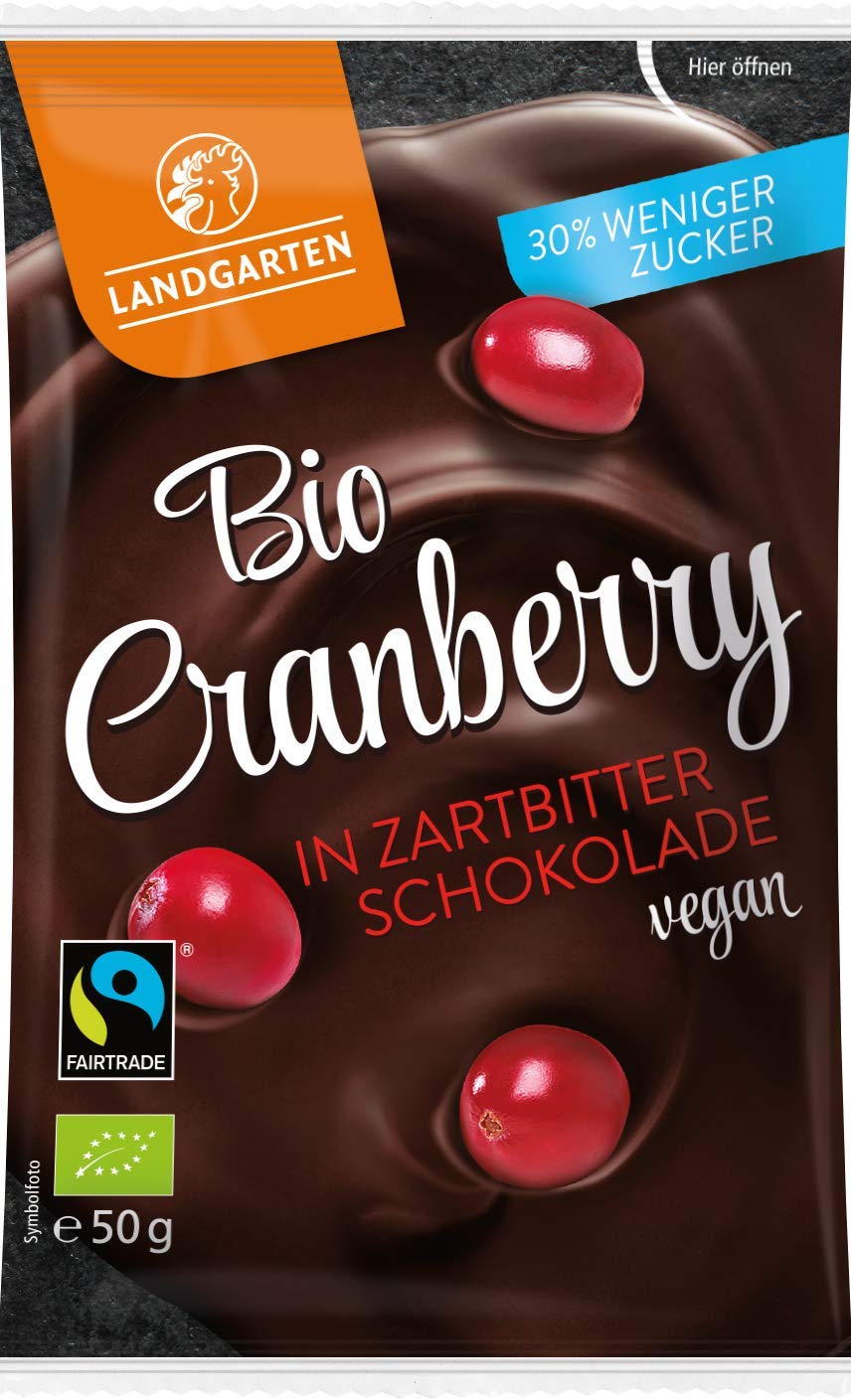 Landgarten | Vegane Bio Cranberry in zuckerreduzierter Zartbitter-Schokolade | 1er Pack (50 g)