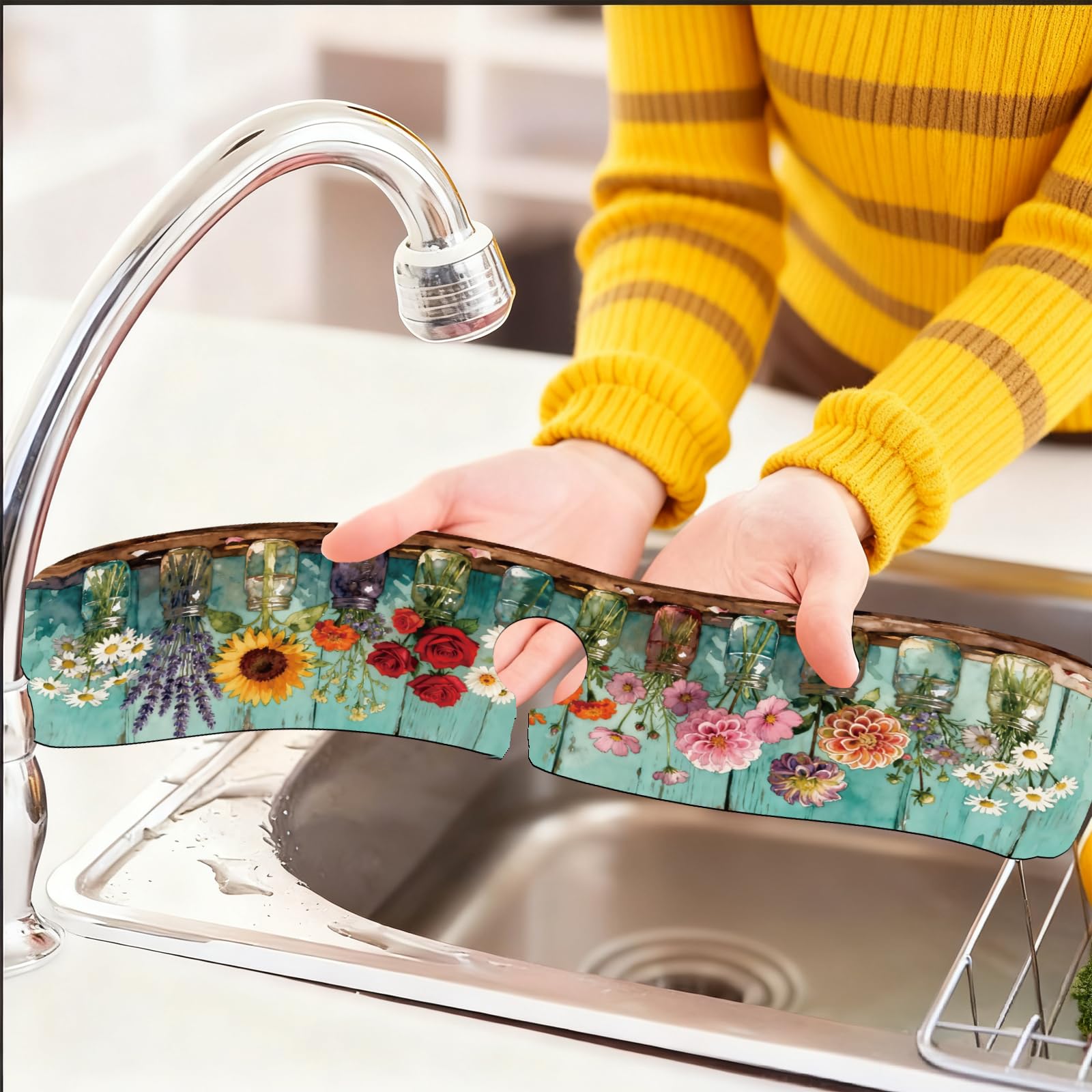 Lot de 2 tapis de robinet d'évier de cuisine en verre coloré avec motif plantes pour éviers, tapis de séchage absorbant pour cuisine et salle de bain, 60 x 14 cm