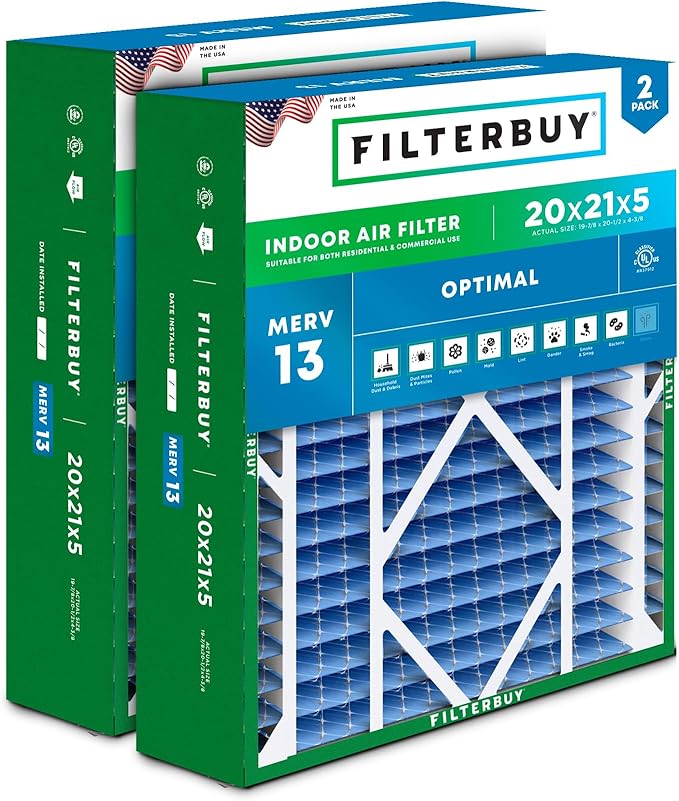 Filterbuy 20x21x5 Air Filter MERV 13 Optimal Smoke & Allergy