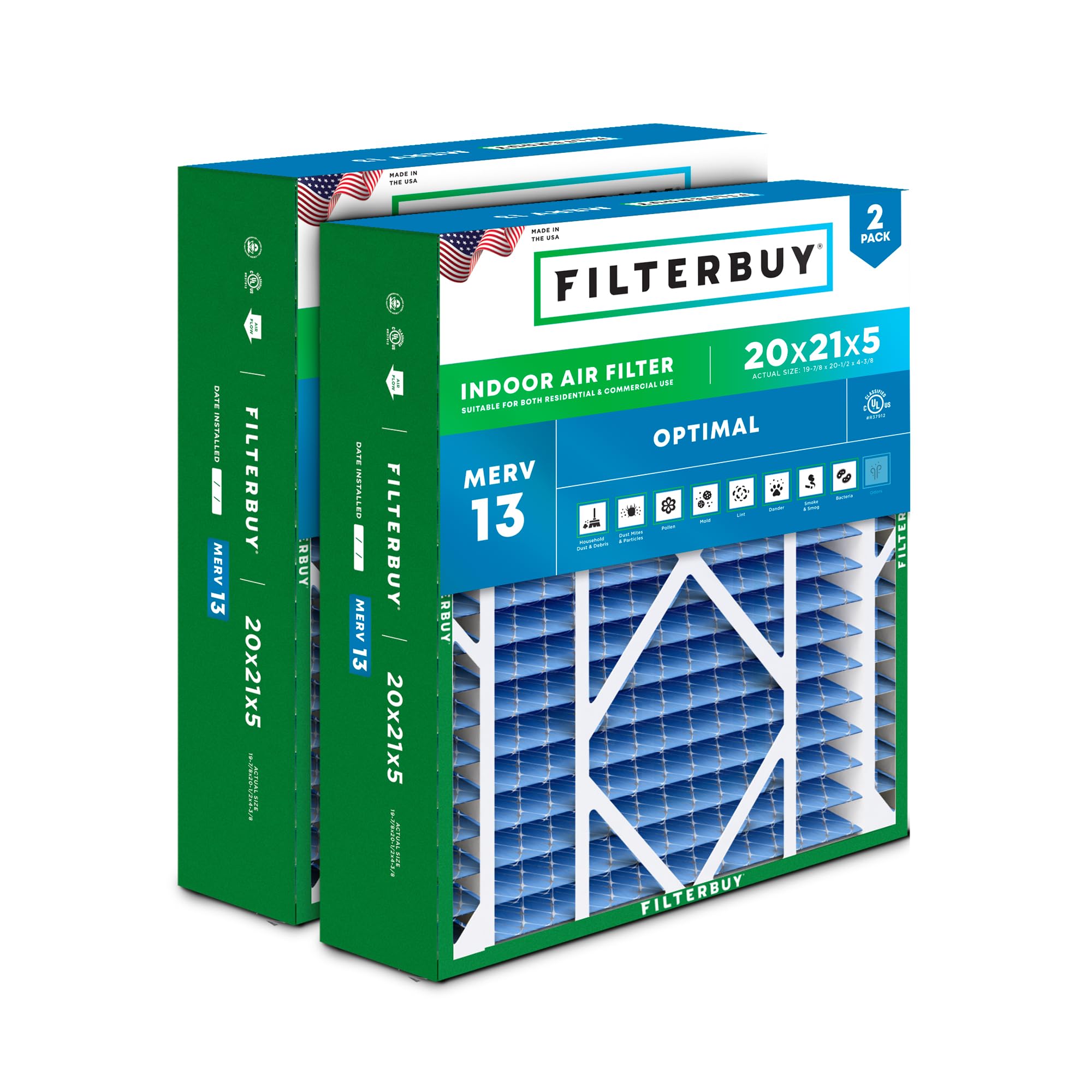 Filterbuy 20x21x5 Air Filter MERV 13 Optimal Defense (2-Pack), Pleated HVAC AC Furnace Air Filters Replacement for Lennox and Electro-Air (Actual Size: 19.88 x 20.50 x 4.38 Inches)