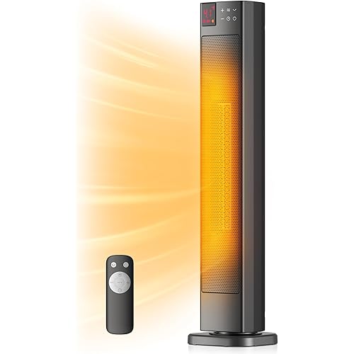 PELONIS 30” Ceramic Tower Space Heater with Adjustable Thermostat for Large Room, 75° Oscillation, Remote Control & 12H Timer, Tip-Over Switch & Overheating Protection, 1500W, PHF15RSAPH30, Black