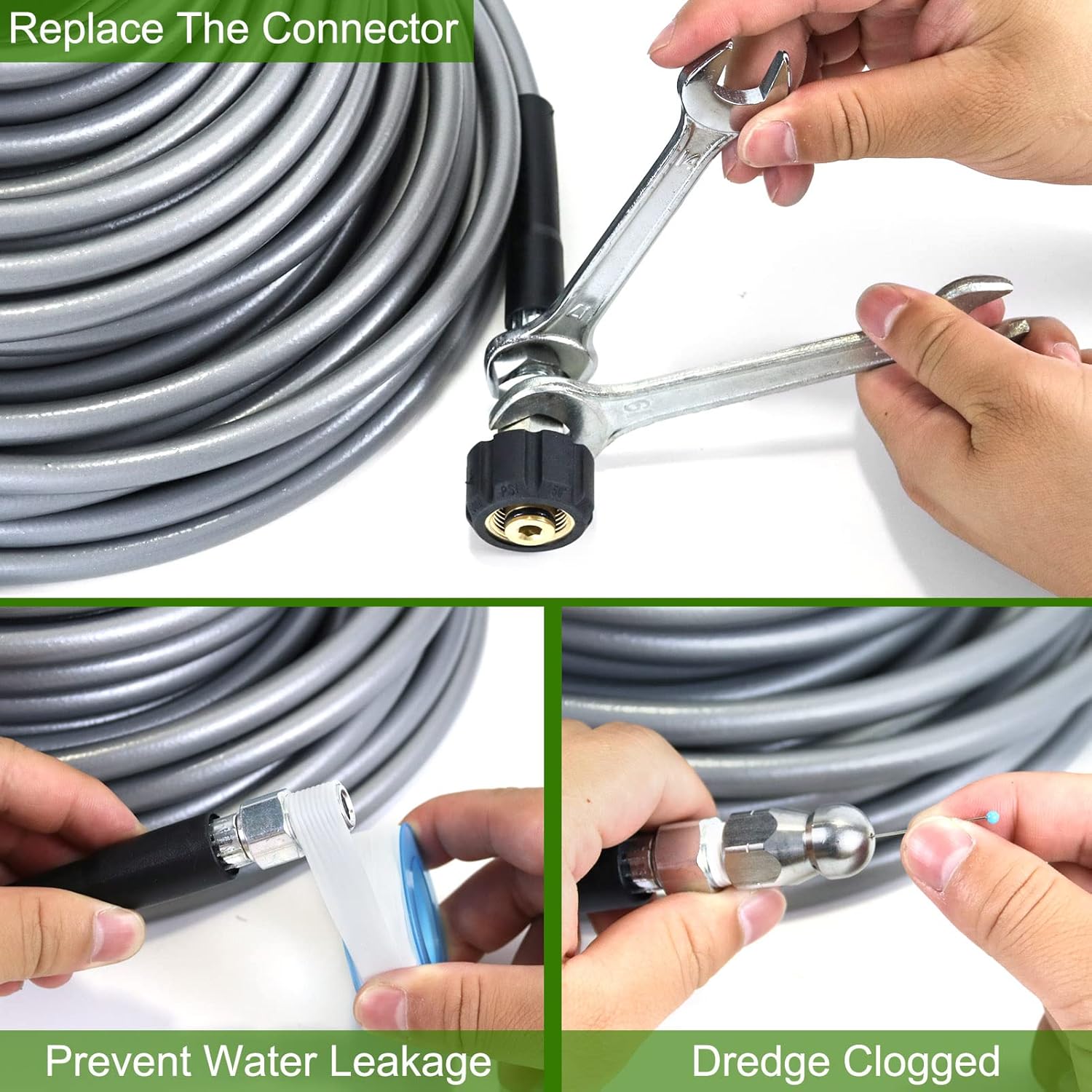 Sewer Jetter Kit 100FT for Pressure Washer, 5800PSI Drain Cleaner Hose 1/4 Inch NPT, Corner, Rotating & Button Nose Sewer Jetting Nozzle with Spanner Watertight Tape Pearl Corsage Pin (Gray Hose)