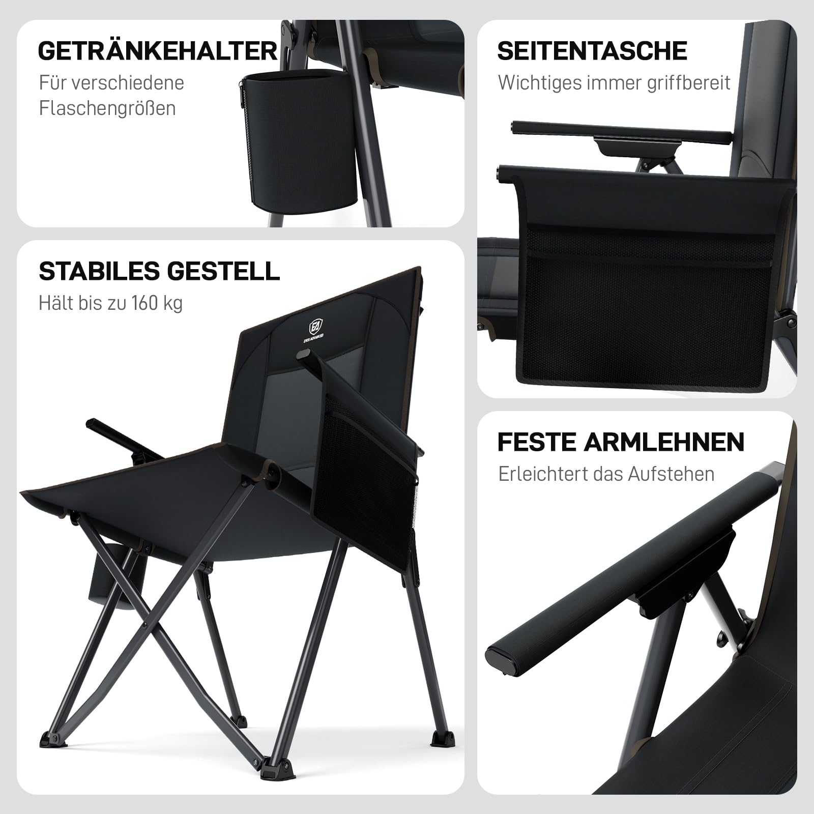 EVER ADVANCED Campingstuhl Faltbar Rückenverstellbar in 4 Positionen 160KG Belastbar, Klappstuhl Recliner Campingstuhl Klappbar mit Seitentasche & Getränkehalter, Angelstuhl für Camping Garten Balkon