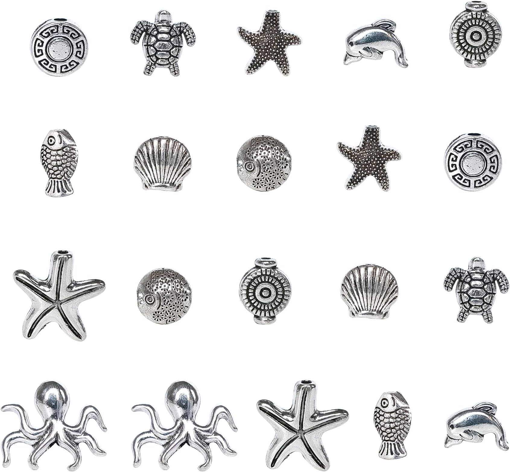 100Pcs Antique Silver Sea Animal Spacer Beads Assorted Tibetan Ocean Theme Tiny Loose Beads Starfish Shell Fish Turtle Dolphin Octopus Beads for DIY Bracelet Jewelry Earring Necklace Making