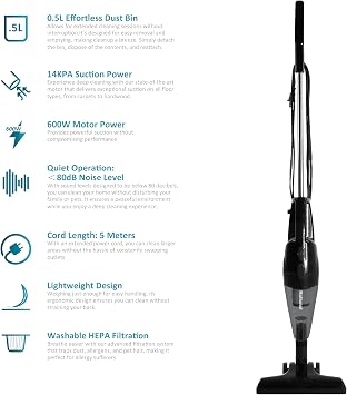 National NA-800V Powerful 600W Vacuum Cleaner with 14kPa Suction 0.5L Effortless Dust Bin, Quiet, 5M Cord, Lightweight, Washable HEPA Filter, Multi-Functional Attachments for All-Around Cleaning