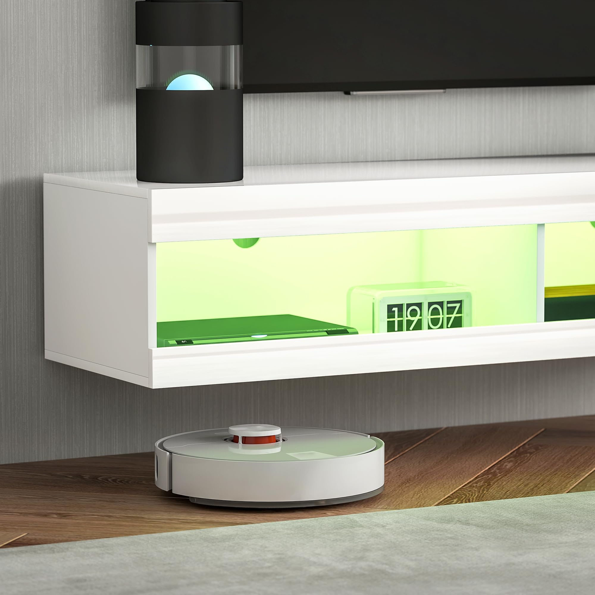 HOMCOM Mueble de TV Suspendido con Luces LED, Compartimentos y Orificios Pasacables, Mueble de TV para Salón con Control Remoto para Televisión 55-60 Pulgadas, 140x40x30 cm, Blanco Brillo