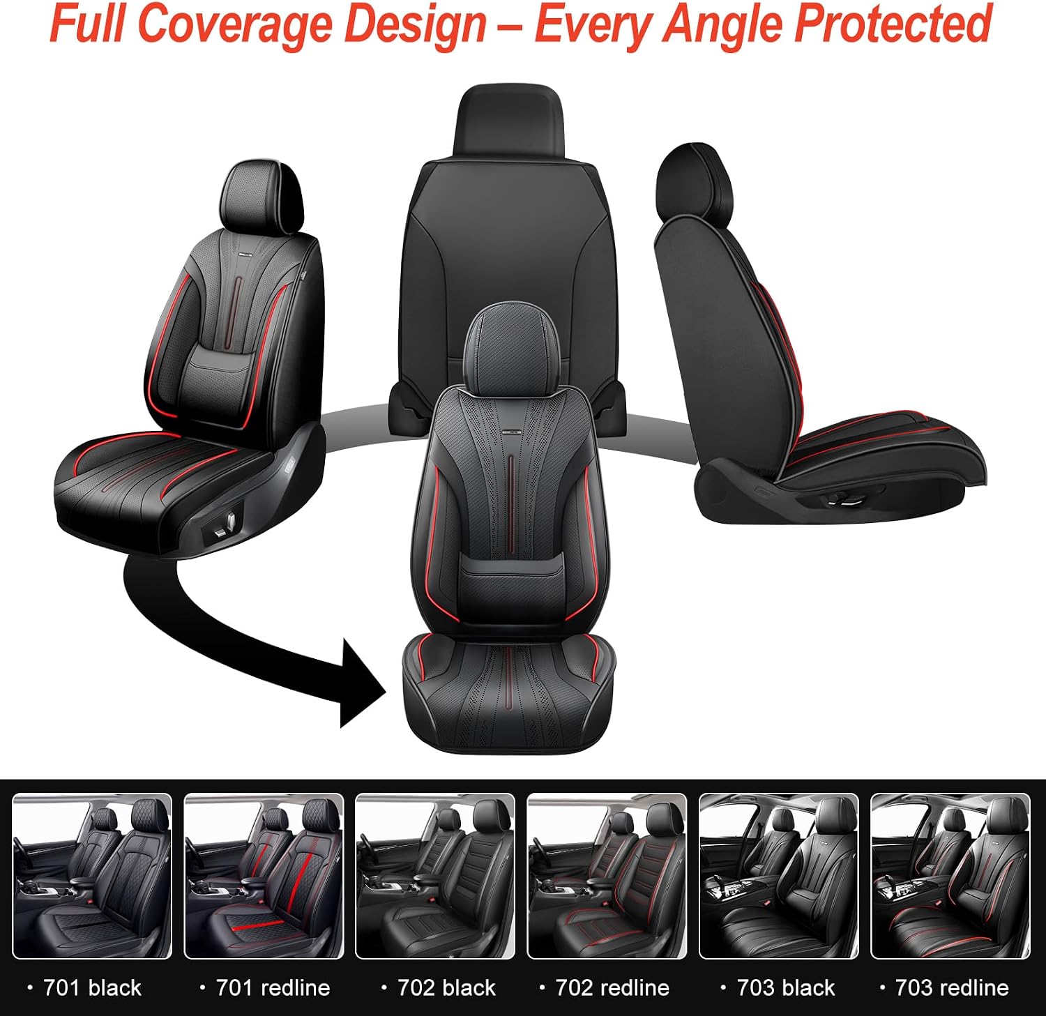 Fit Canyon Car Seat Covers (Front Pair) for Select GMC Canyon 2015-2024 2025 - Full Coverage Leather, Waterproof & All Weather Seat Cushion Protector, Black with Red Trim