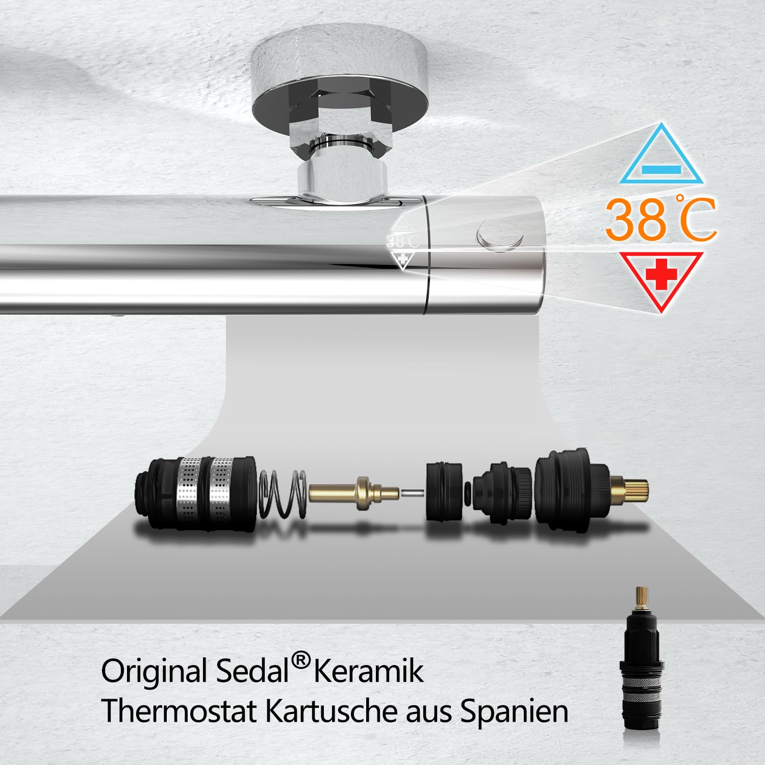 Görbach Thermostat Duscharmatur mit 38 °C Sicherheitstaste, Mischbatterie Dusche Thermostat, Chrom Badewannenarmatur für Dusche und Badewanne