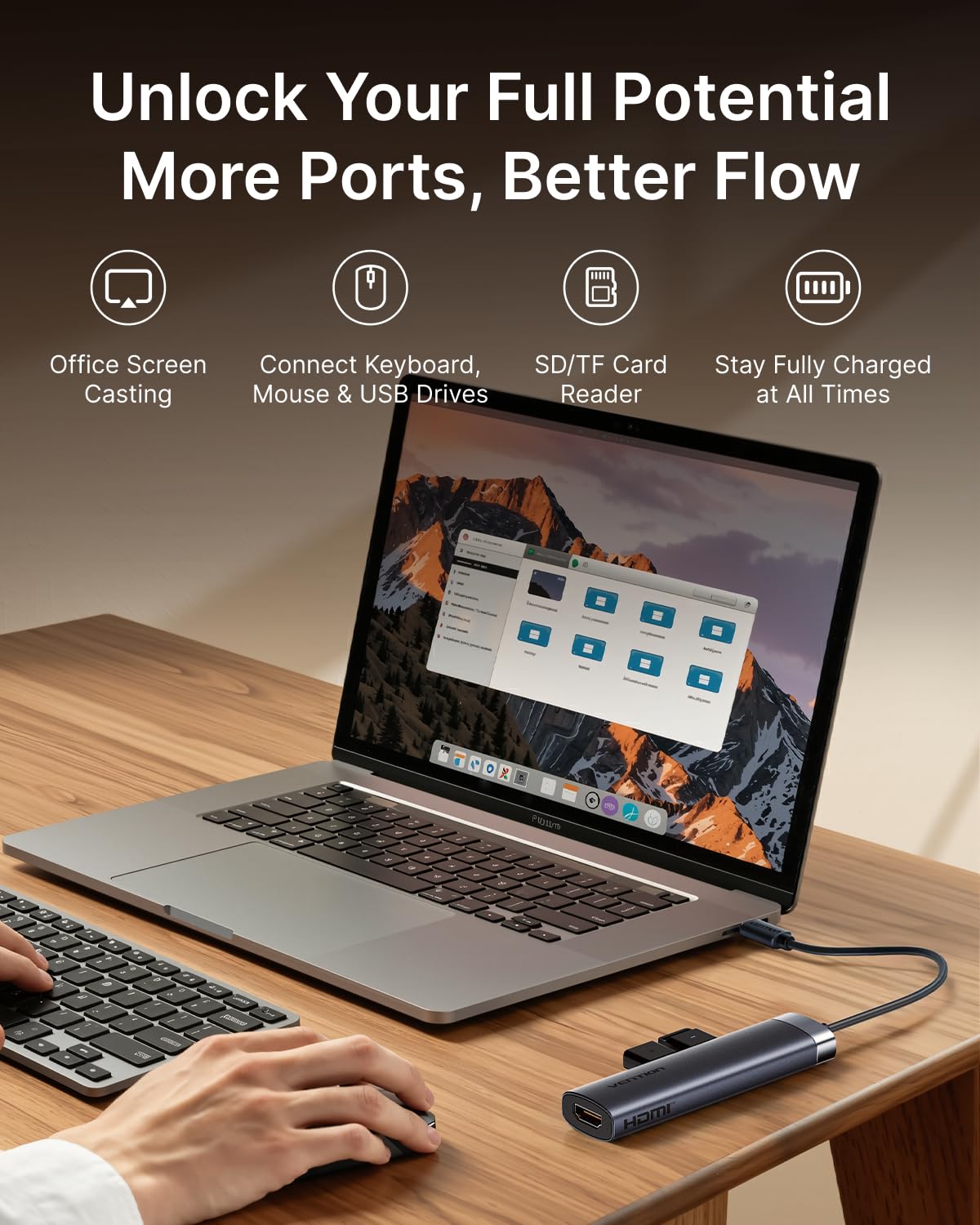 VENTION Hub USB C PD 100W, 6 in 1 Docking Station, HDMI 4K@30HZ, Porte di Trasferimento Dati USB A 3.0, Lettore di Schede SD/Micro SD, Compatibile per MacBook Pro, Air/Dell/Lenovo/HP
