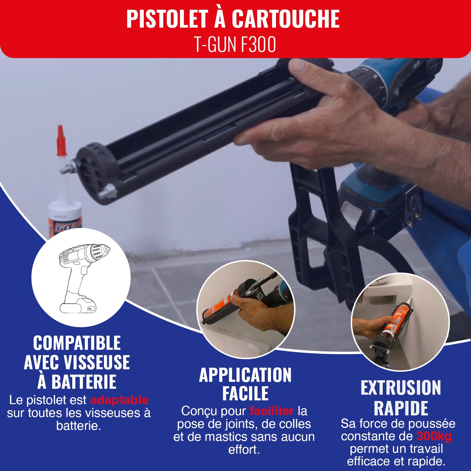 TIVOLY - Pistolet à Cartouche T-Gun F300 - Adaptable sur Perceuse et Visseuse - Pour Cartouches Ø 50 mm/310 ml