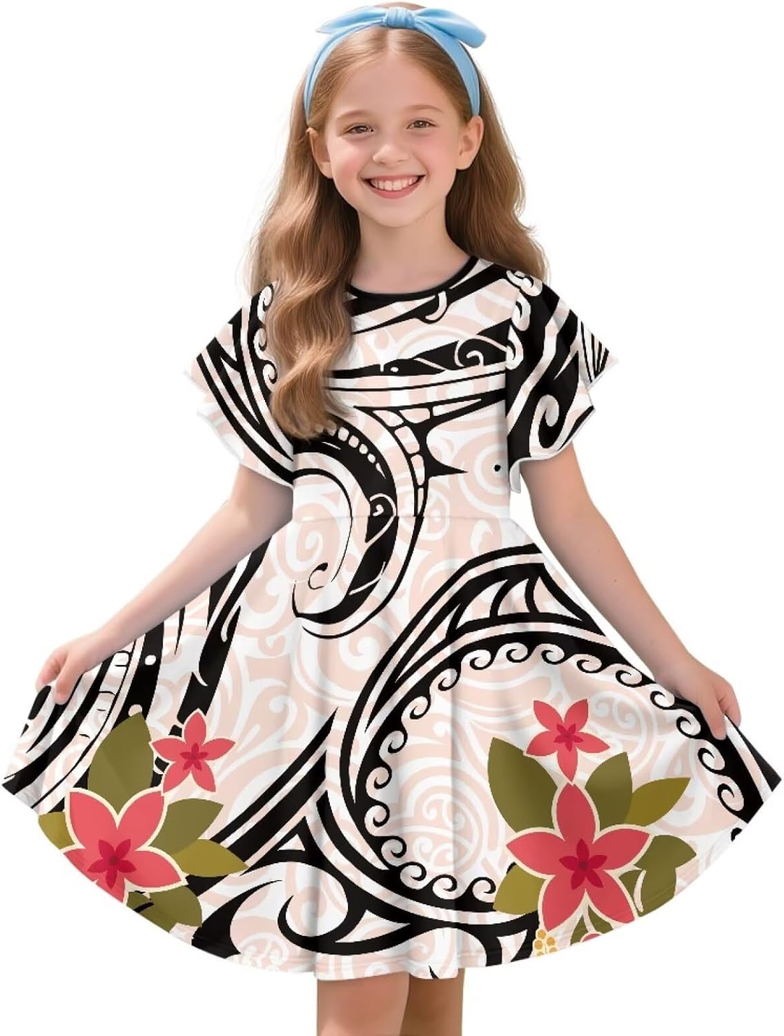 Polynesian Samoan Dresses for Girls Summer Casual Party A-line Midi Twirly Skater Dress for 3-14T Kids School Clothes
