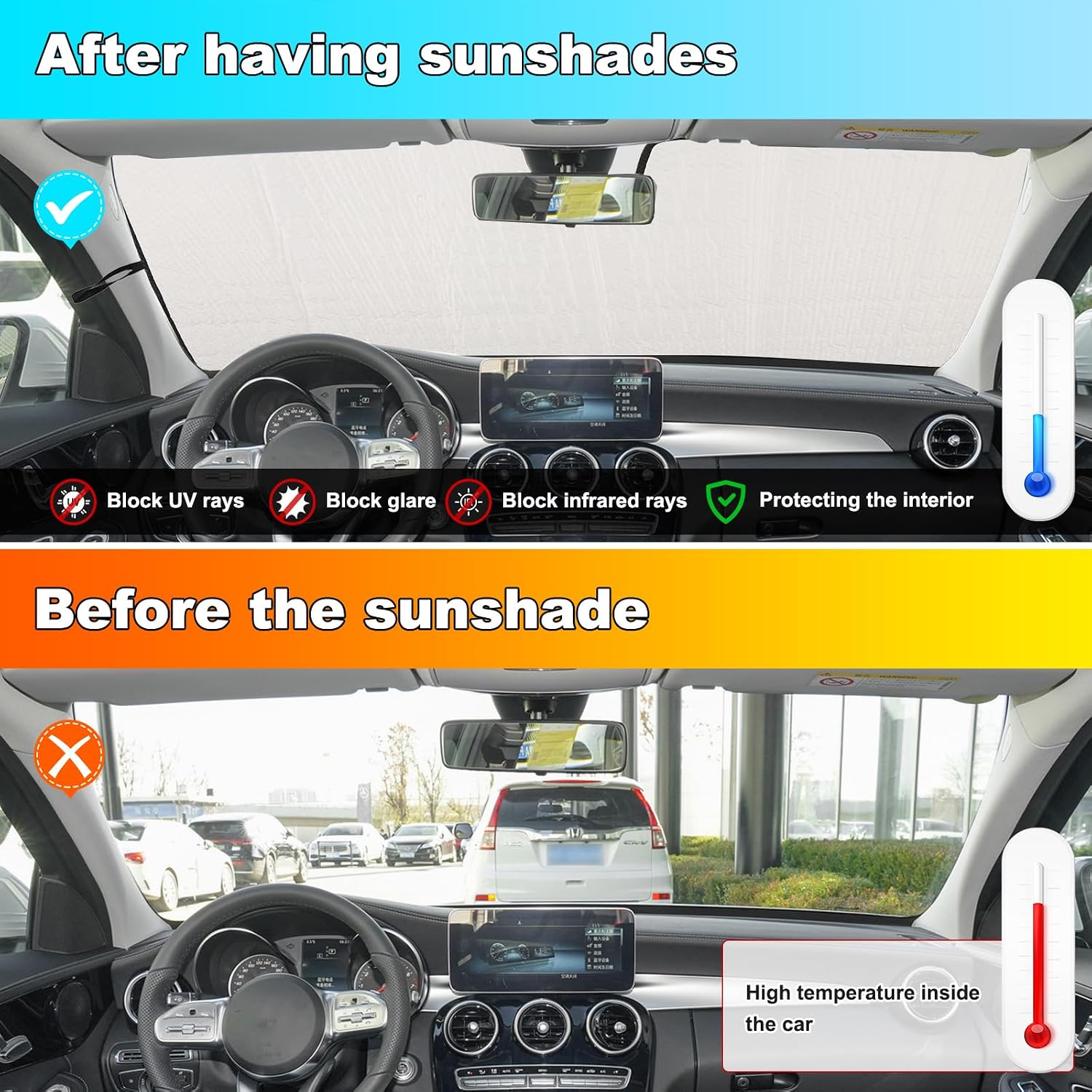 Front Windshield Sun Shade Compatible with Mercedes-Benz C Class 2015-2021 Specialized Car Windshield Sun Shade Foldable Sun Shield UV Protection Auto Accessories