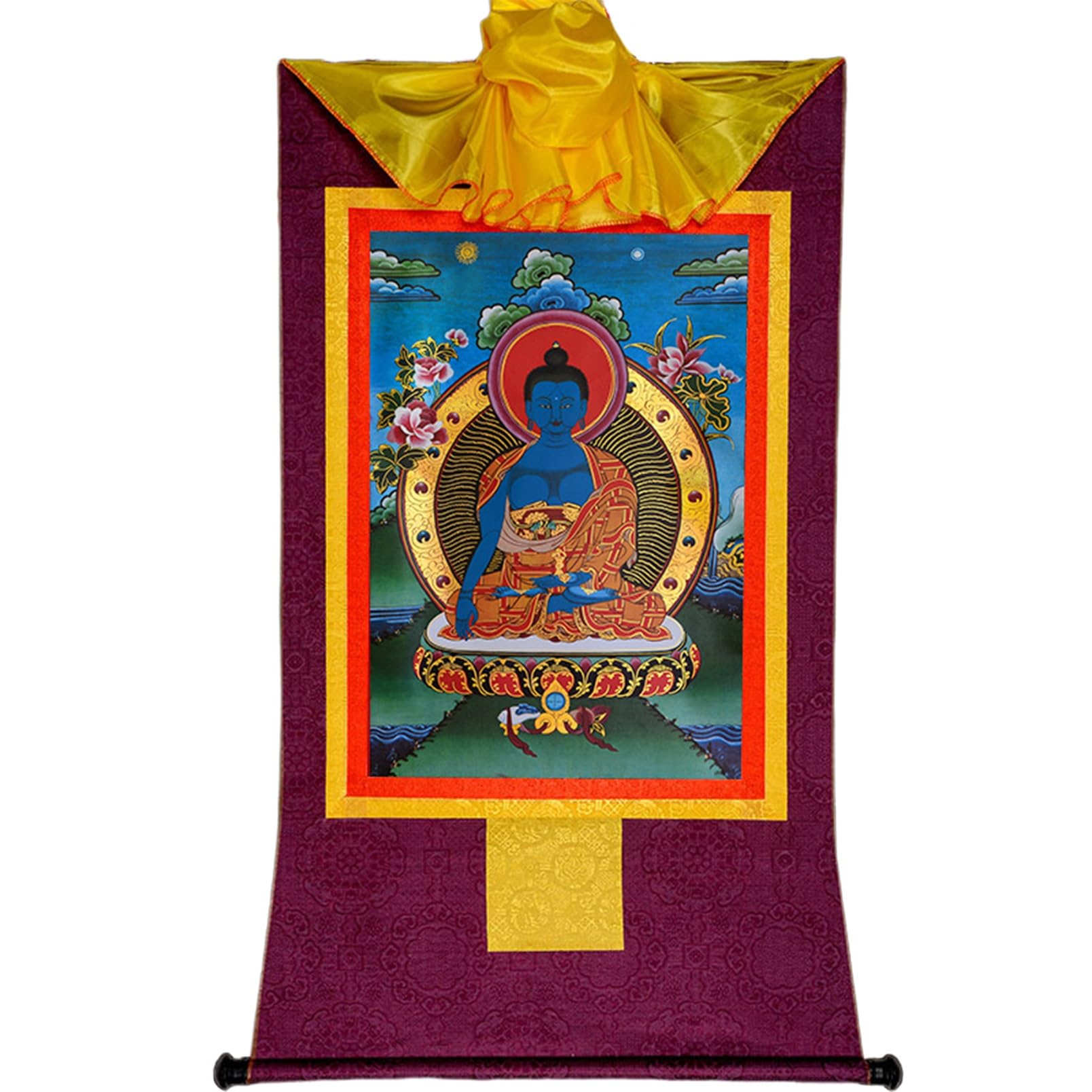 CHAKEUZND Tibetan Buddhist Thangka Wall Hanging, Śākyamuni Tibetan Painting Yoga Bedroom Decoration Buddhist Thangka Brocade for Home Décor Meditation(Purple,M)