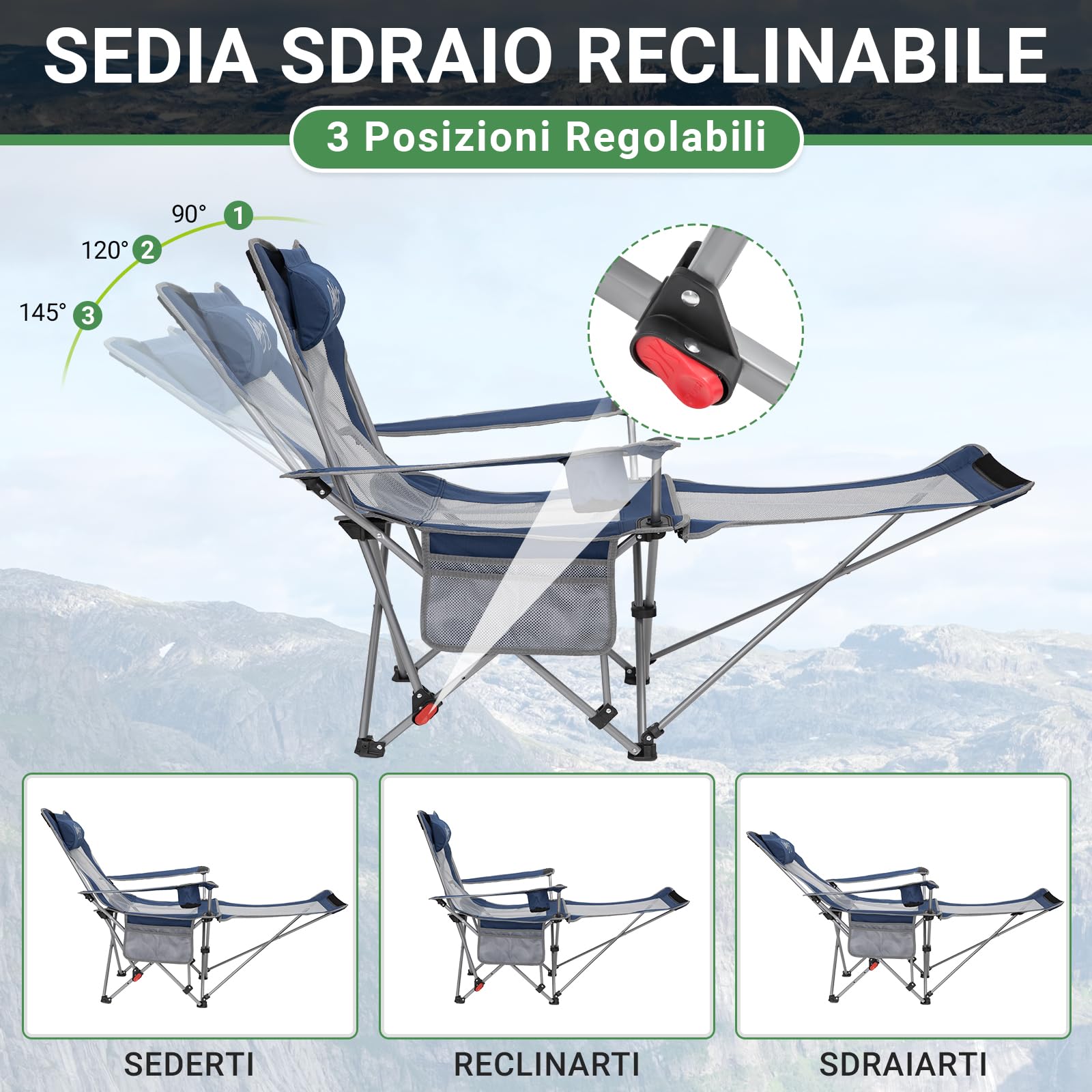 #WEJOY Set di 2 Sedia da Campeggio Pieghevole Reclinabile, Sedia Sdraio da Spiaggia Portatile, Schienale Regolabile, Poggiapiedi Staccabile, Sedia Pieghevole per Esterno Giardino Pesca, Navy Blu