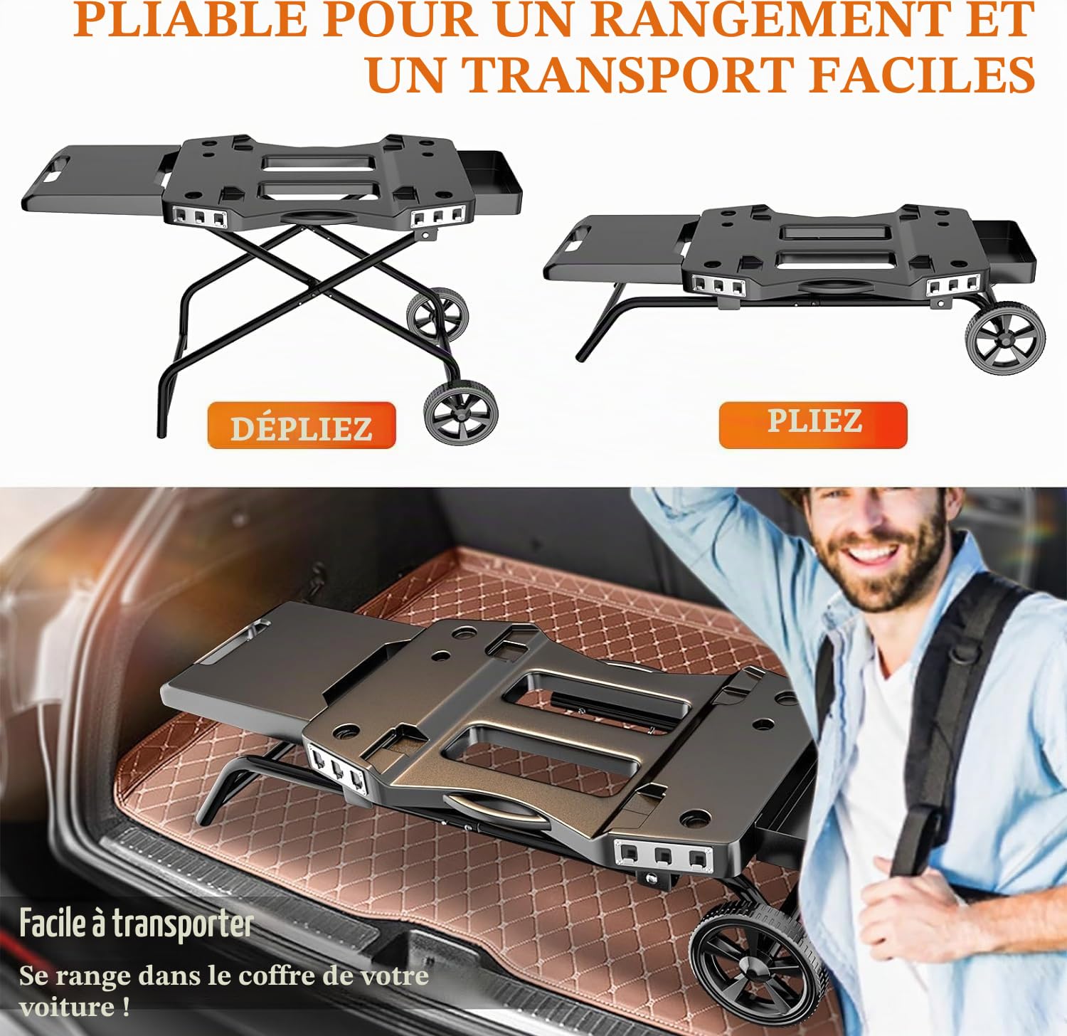 Chariot de barbecue portable pour Ninja Woodfire OG700, support pliable pour Ninja OG701, Pit Boss 10697/10724, 57 cm, Blackstone, Traeger Ranger, avec plateau de table