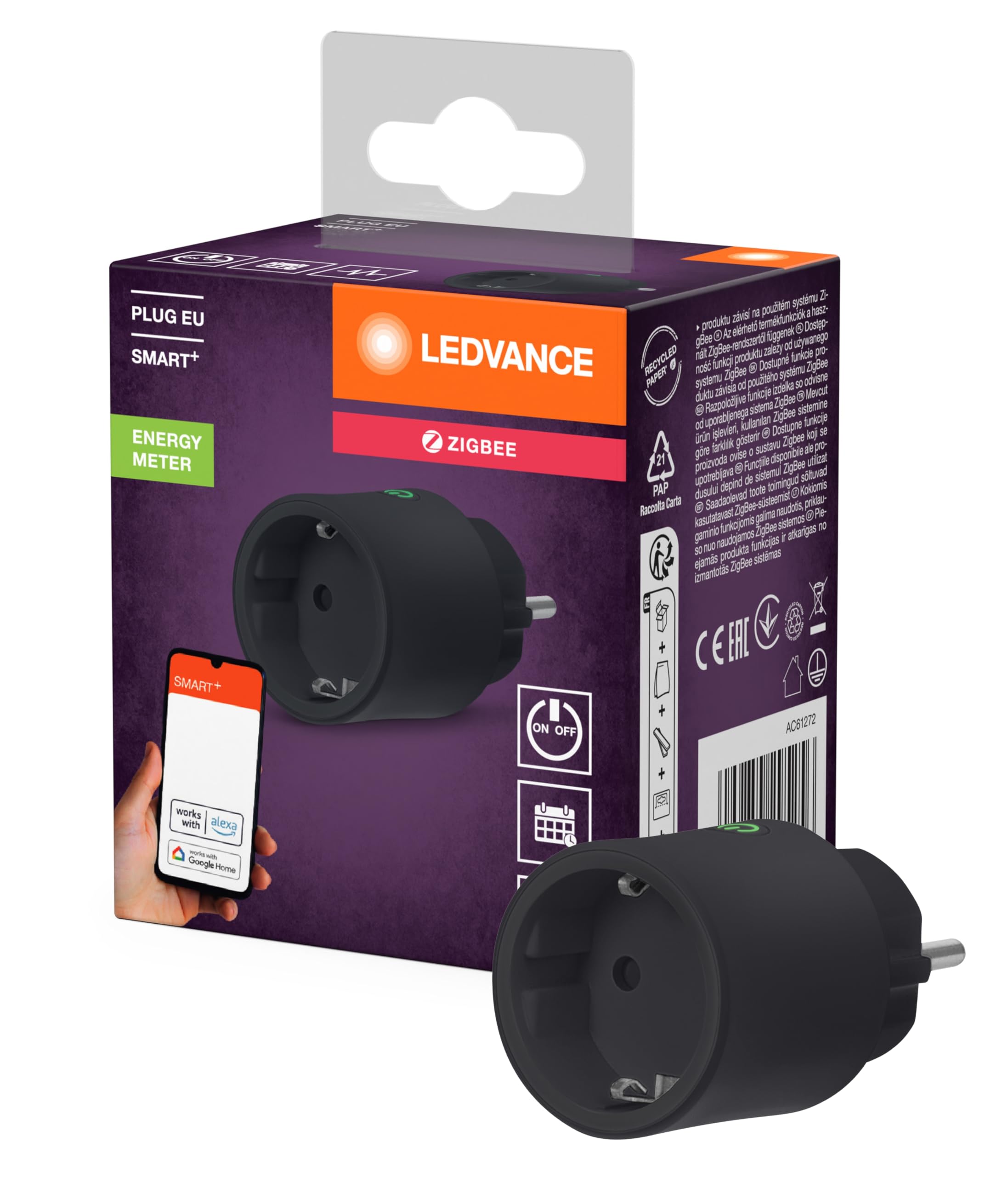 LEDVANCE LEDVANCE SMART+ Smarte Steckdose für Innen mit ZigBee Technologie, bindet konventionelle Geräte ins Smart Home ein, misst und spart Stromverbrauch, kompatibel mit Alexa oder Google, schwarz, 1er-Pack