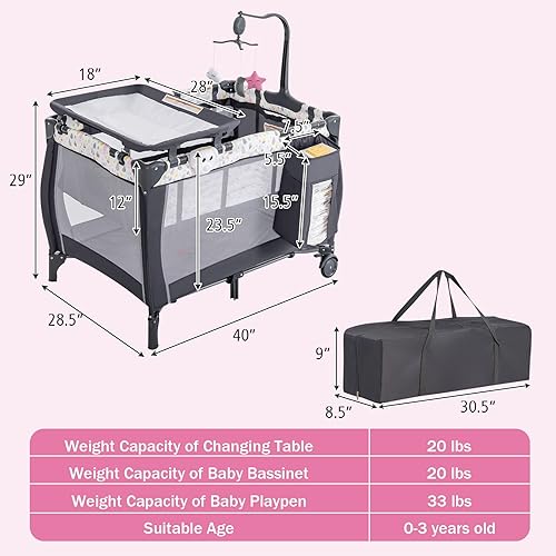 Miniatura 9 de HONEY JOY Pack and Play, corralito portátil 3 en 1 con moisés, cambiador, ruedas bloqueables, caja de música, centro de guardería plegable para cuna