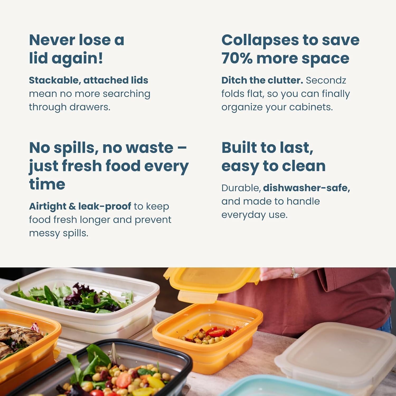 Drip EZ Secondz Faltbare Frischhaltedosen - 4er Set, platzsparende, luftdichte Meal Prep & Restbehälter - Mikrowellen-, Gefrierschrank- & Spülmaschinenfest, BPA-frei, Verschlussdeckel - Anthrazit