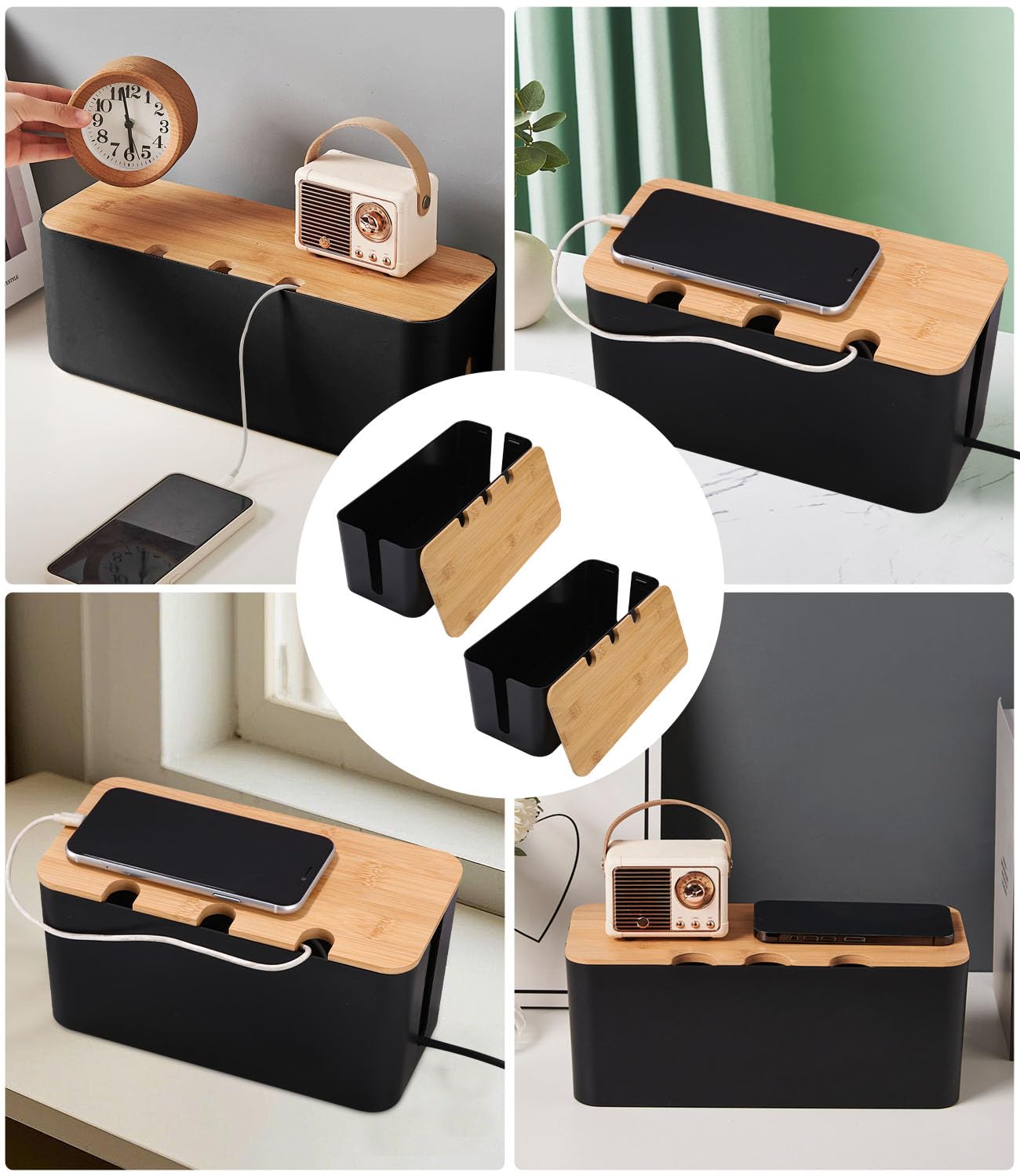 Azyvum 3 Piezas Caja Organizadora Cables con Tapa de Bambú,Caja Cables Organizador para Cables,Guarda Oculta y Recoge Regletas,Mesa y Escritorio, Kabelmanagementbox,kabelbox