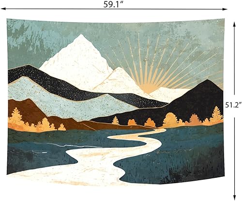 Miniatura 6 de Delur Tapiz bohemio de montaña, puesta de sol, naturaleza, bosque, árbol, paisaje, tapiz para colgar en la pared, cabecera psicodélica abstracta