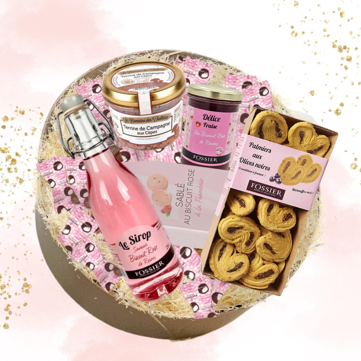 Coffret gourmand FOSSIER et MONBANA - biscuits roses, confiture, guimauves | Coffret FOSSIER et MONBANA - biscuits roses, confiture, sirop, guimauves et terrine - cadeau gourmand à offrir en fête