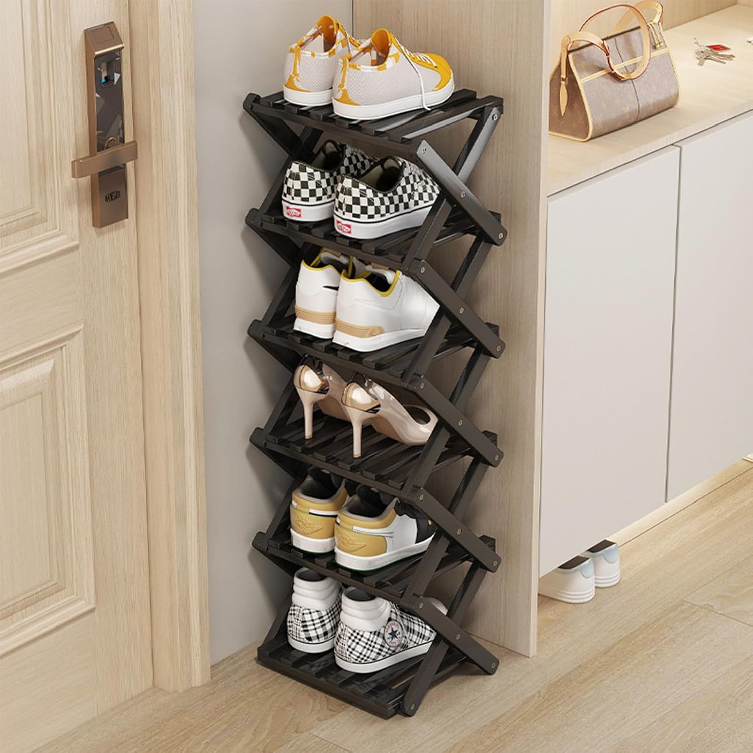 Vertical Narrow Shoe Rack Black, 6 Tier Portable Folding Shoe Storage Rack, Without Installation Free Standing Shoe Rack for Corridors, Bedrooms Living Room Corner and Small Spaces