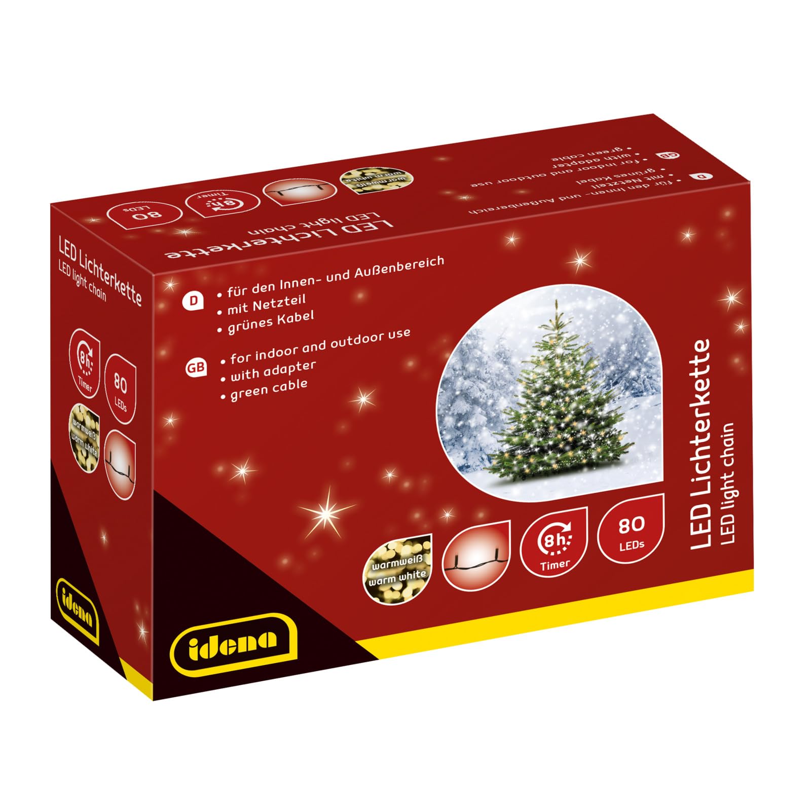 Idena 8325058 - LED Lichterkette mit 80 LEDs in Gold-Gelb, mit 8 Stunden Timer Funktion und Transformator, ca. 15,9 m lang, Deko für Innen & Außen, als Party Deko, Weihnachtsdeko, zur Hochzeit