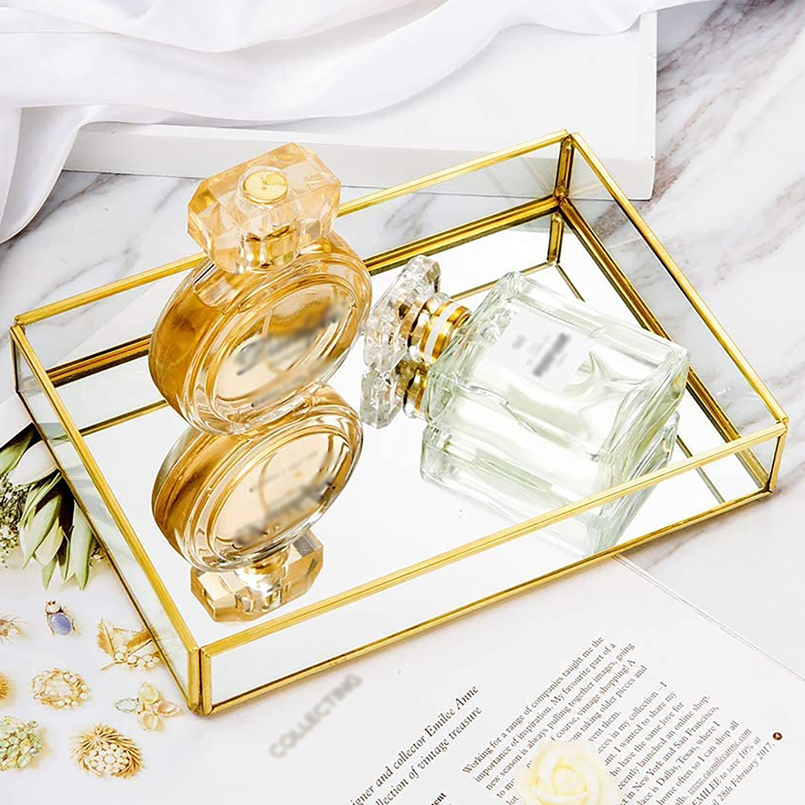 Plateau Rangement Doré En Verre Et Métal - 20x14cm Pour Bijoux, Maquillage, Parfums Sur Coiffeuse