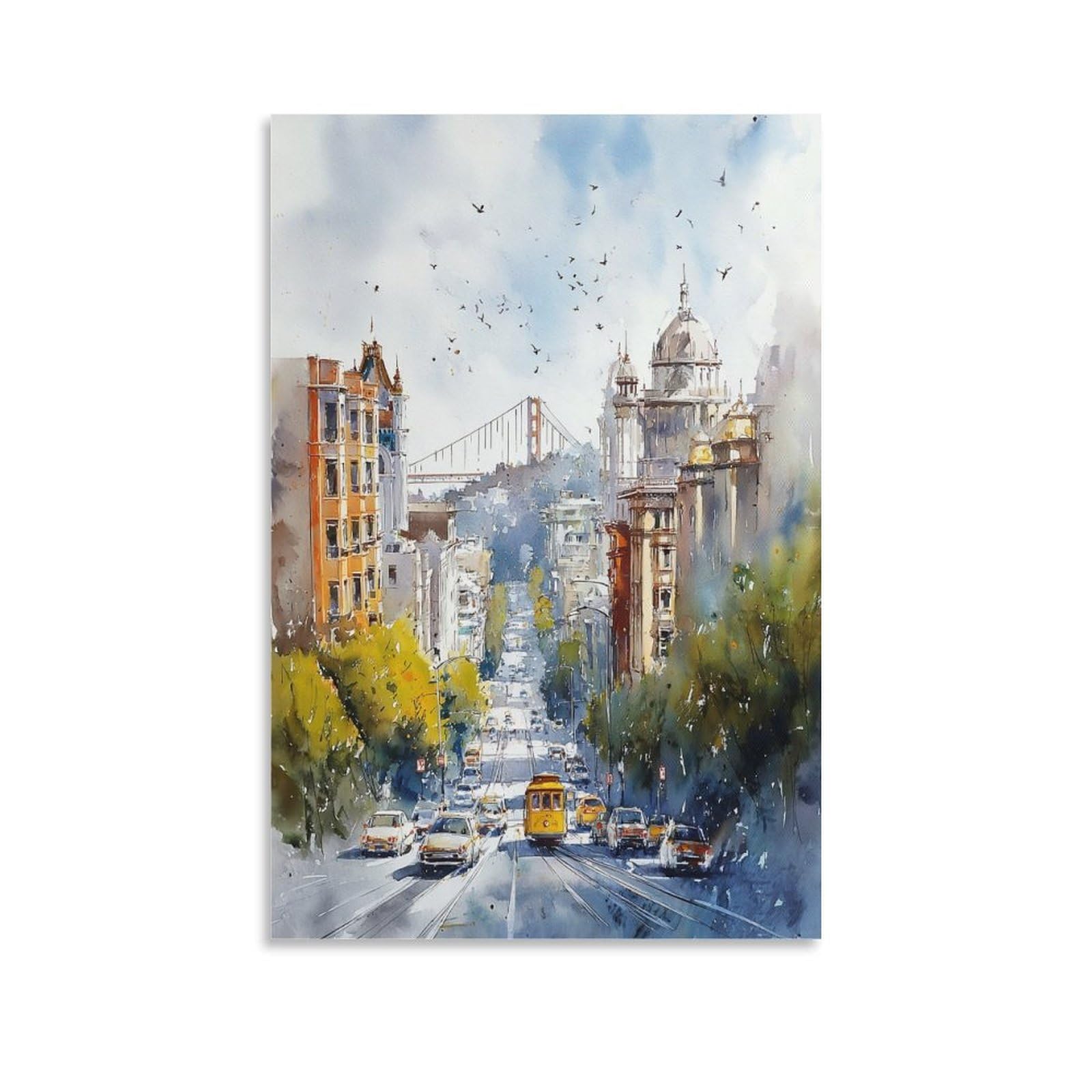 LCYNNH San Francisco Retro Modern Tree 20x30inch(50x75cm) Vintage Travel Poster Watercolor Canvas Art