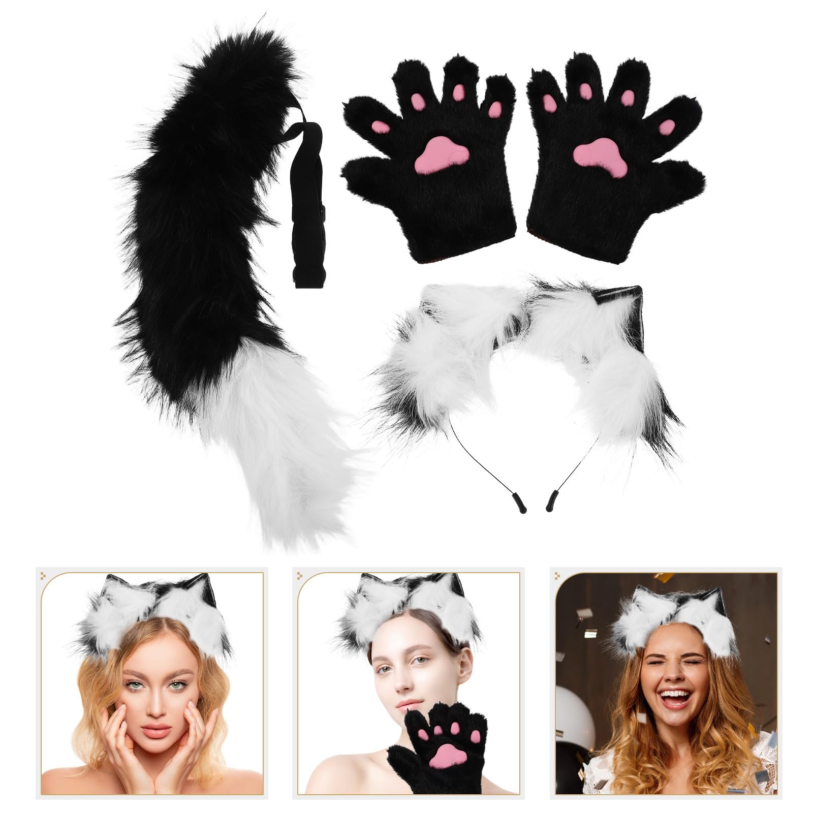 Housoutil Diadema con Orejas de Animal de Cosplay, Orejas y Mitones Guantes, Felpa y Plástico, con y Guantes, para Adultos, Halloween y Fiestas Temáticas de Zoológico y Bosque