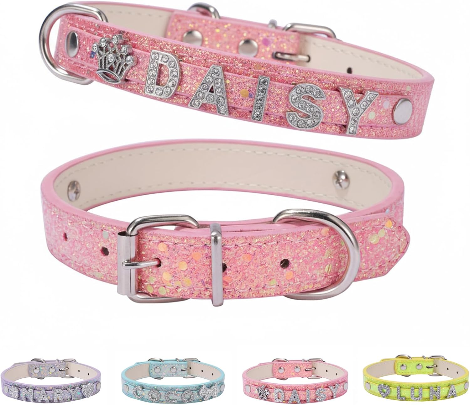 Personalized Dog Collar with Name – Custom Rhinestone Bling Sparkly PU Leather Collars for Small Medium Large Dogs, Adjustable & Pretty Customized Dog Collars
