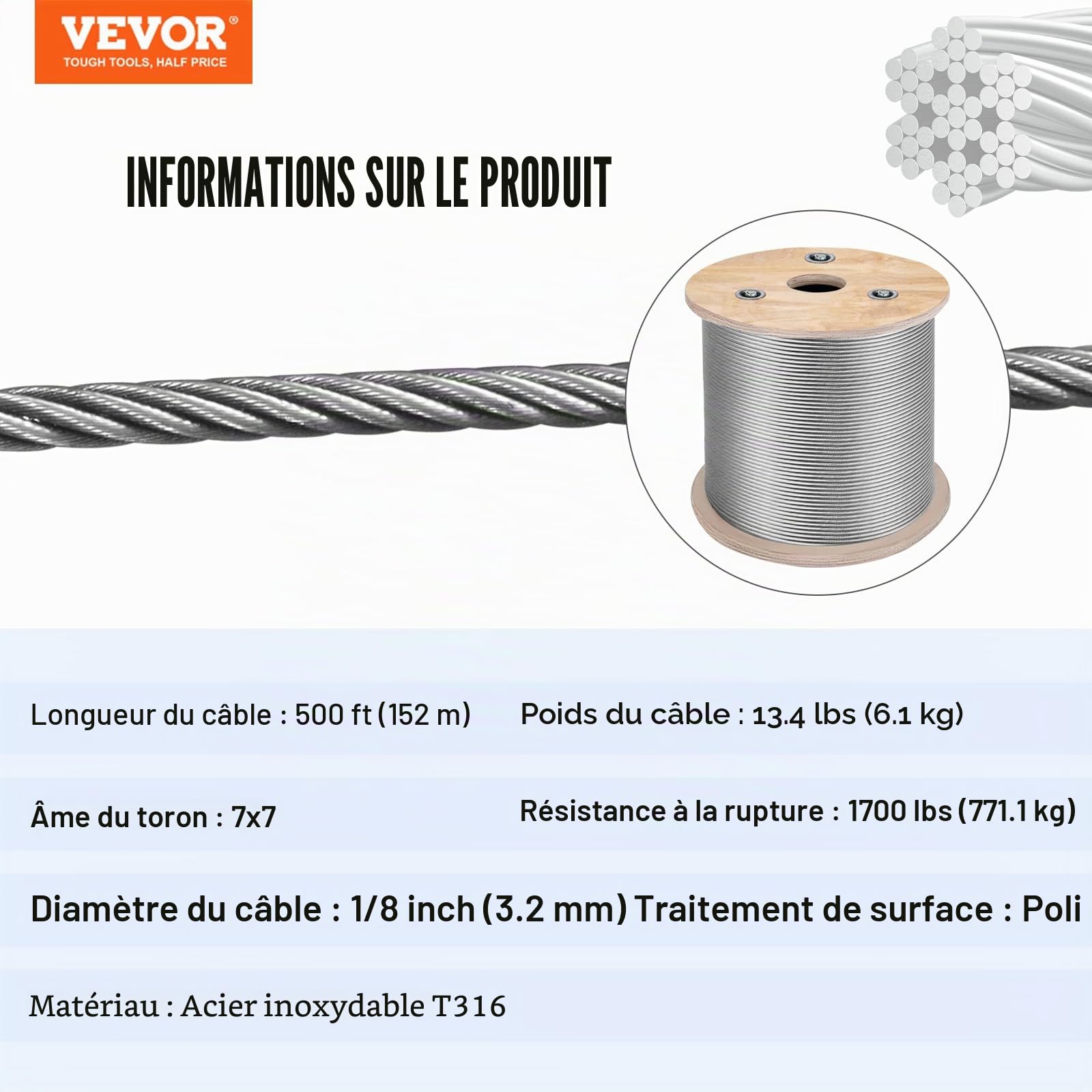 Mophorn Câble en acier inoxydable T316 de 0,6 cm, 7 x 7, 152,4 m, pour garde-corps, terrasse, bricolage balustrade (152,4 m)