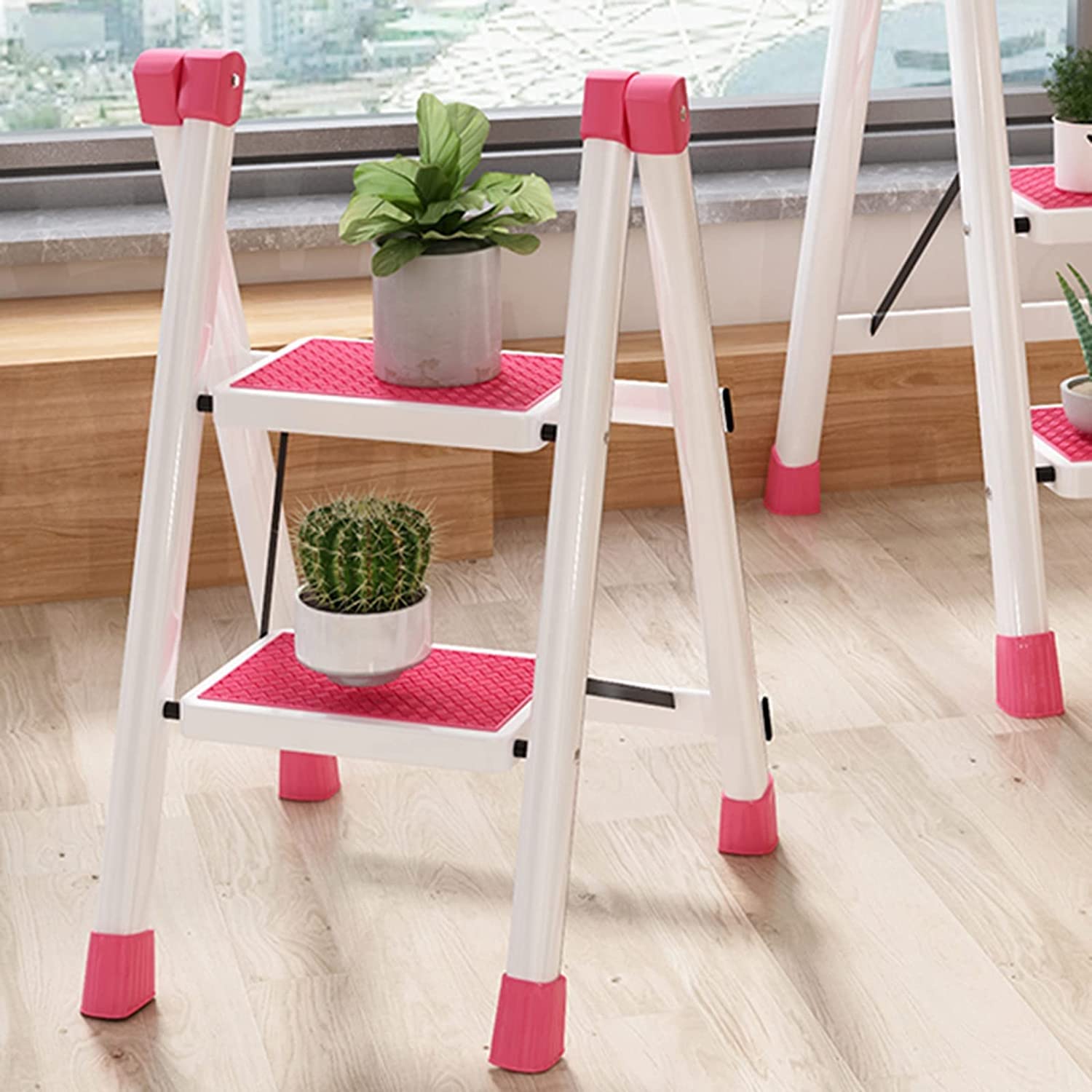 HOBIBA 3-Step Folding Telescopic Ladder – Carbon Steel, 150kg Capacity, Red, For Household & Indoor Use