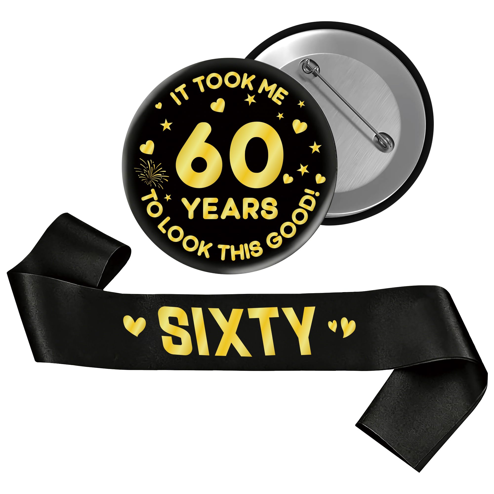 JGIIIJLP 60th Birthday Decorations Men Women - 2 Pcs Sixty Sash It Took Me 60 Years to Look This Good Pin Badge Black Gold Party Supplies Gift for 60 Year Old Birthday Party Accessories