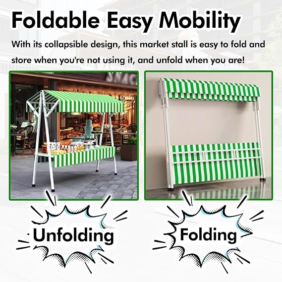 SRNSAEB 120cm 150cm Foldable Street Food Cart with Awning/Tablecloth, Market Stall Display Stand Portable/Selling Booth, Farmers Market Kiosk for Events/Promotions/Advertisements(White,60cmx130cm)
