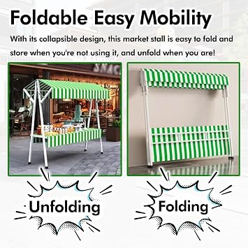 SRNSAEB 120cm 150cm Foldable Street Food Cart with Awning/Tablecloth, Market Stall Display Stand Portable/Selling Booth, Farmers Market Kiosk for Events/Promotions/Advertisements(White,60cmx130cm)