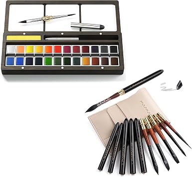 Fuumuui Watercolor Paint Set, 24 Paints with Dual Tip Travel Brushes and Travel 6pcs Watercolor Brushes