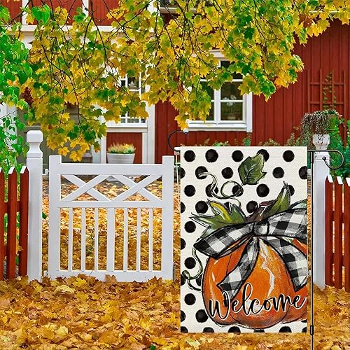 Miniatura 2 de Bandera de jardín de calabaza de otoño de 12 x 18 pulgadas, vertical de doble cara, resistente a la decoloración UV, cosecha de septiembre, lunares,