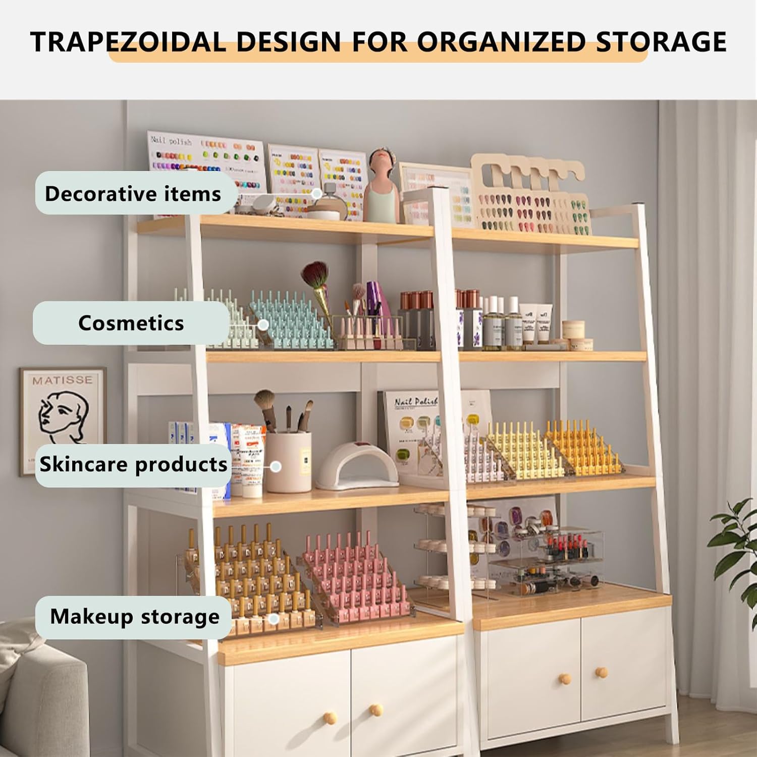3/4 Tier Ladder Bookshelf with Storage, with Cabinet Doors, Modern Book Shelf with Solid Wooden Frame for Living Room, Bedroom, Office，Shop 4layers150cm