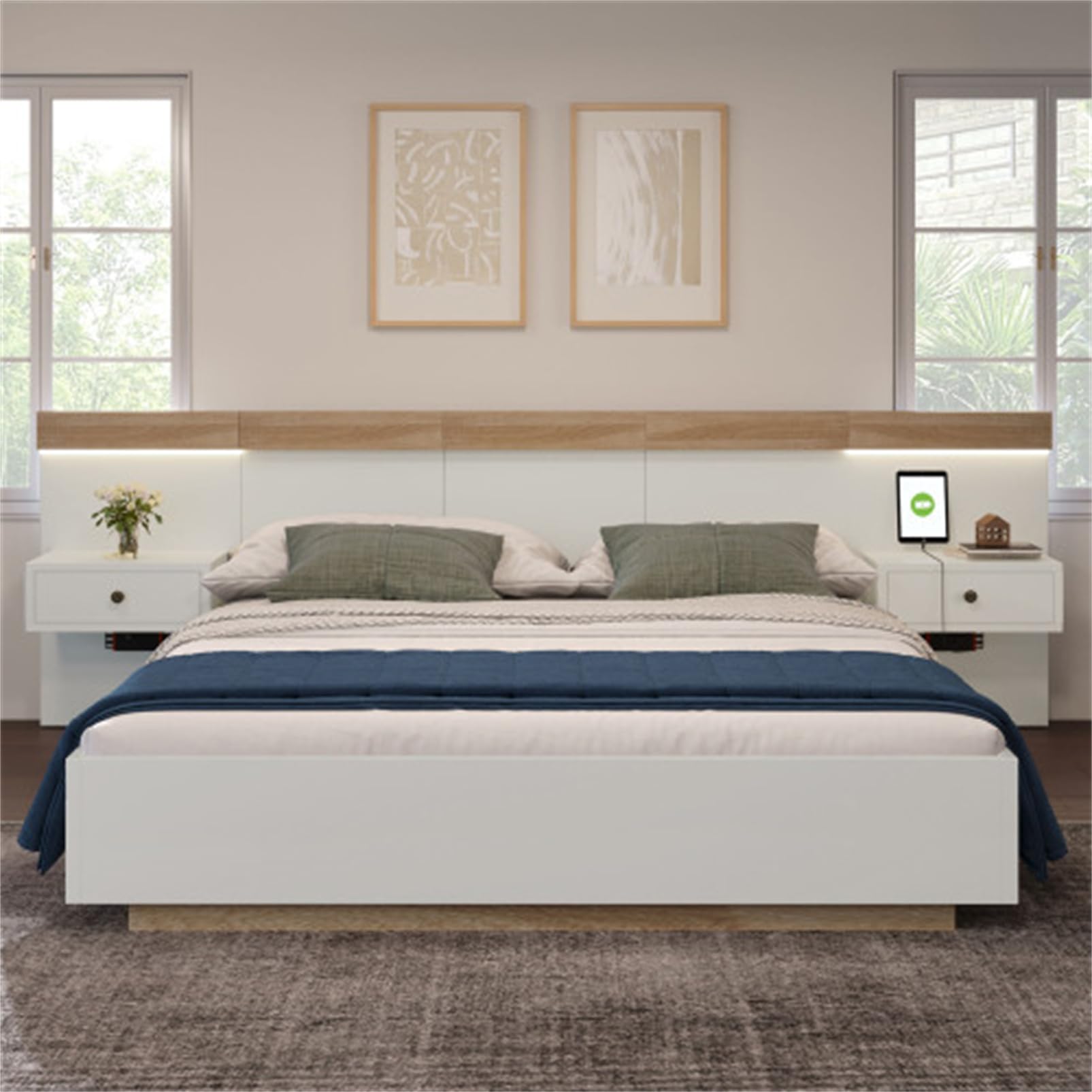 Letto Legno Con Testiera Composta Da Giroletto E Rete A Doghe Letto Matrimoniale Per Adulti Letti Galleggiante Familiare Per Camera Da Letto Per Gli Ospiti Bianco 140x200 Con 2 Comodini LED