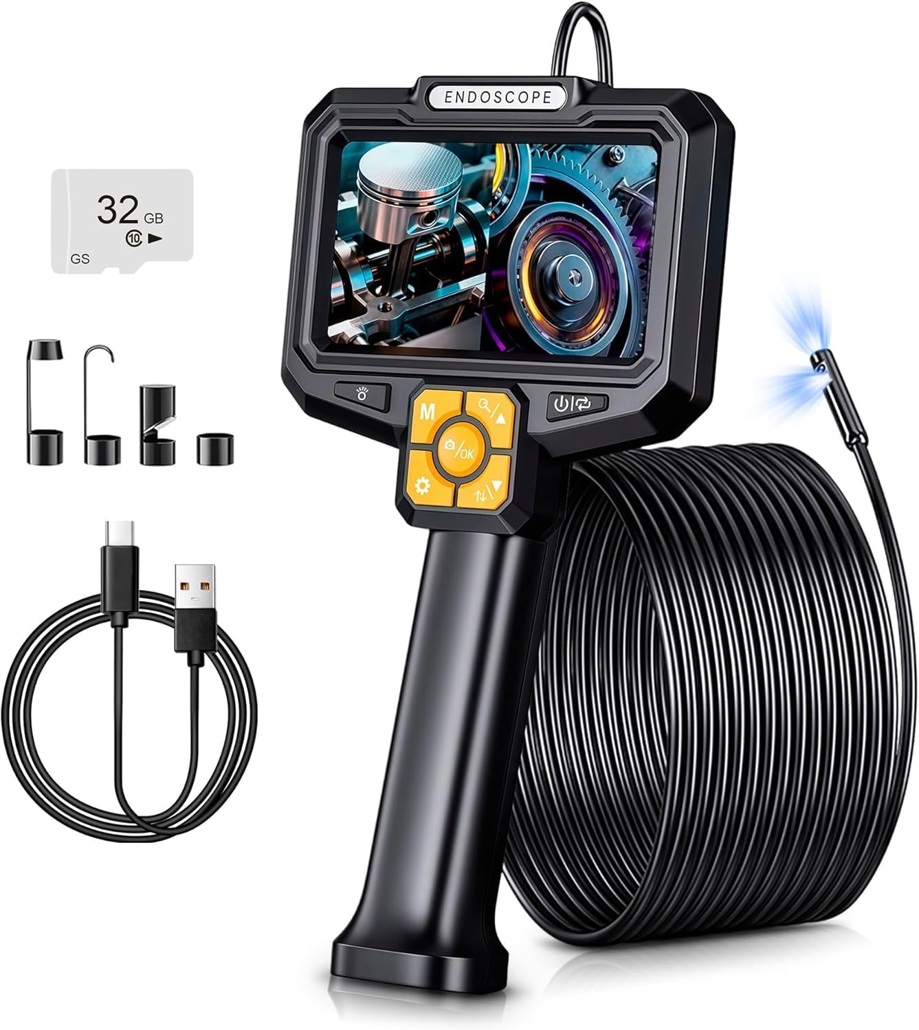 Endoscope Camera with Light IP67 Waterproof Endoscope 5 Inch IPS Screen Inspection Camera 2MP HD Tube Camera with 9 Adjustable LEDs 5 m Semi-Rigid Cable