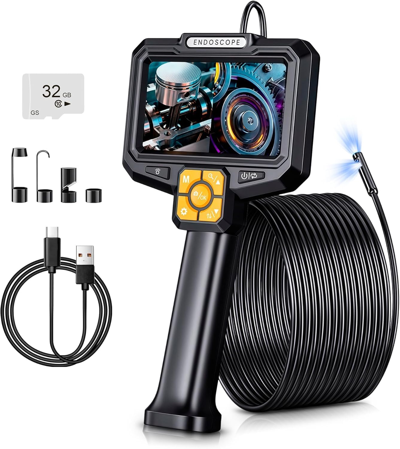 Telecamera endoscopica con luce, IP67, impermeabile endoscopio, 5", schermo IPS, telecamera di ispezione da 2 MP, fotocamera tubolare HD con 9 LED regolabili, cavo semirigido da 5M