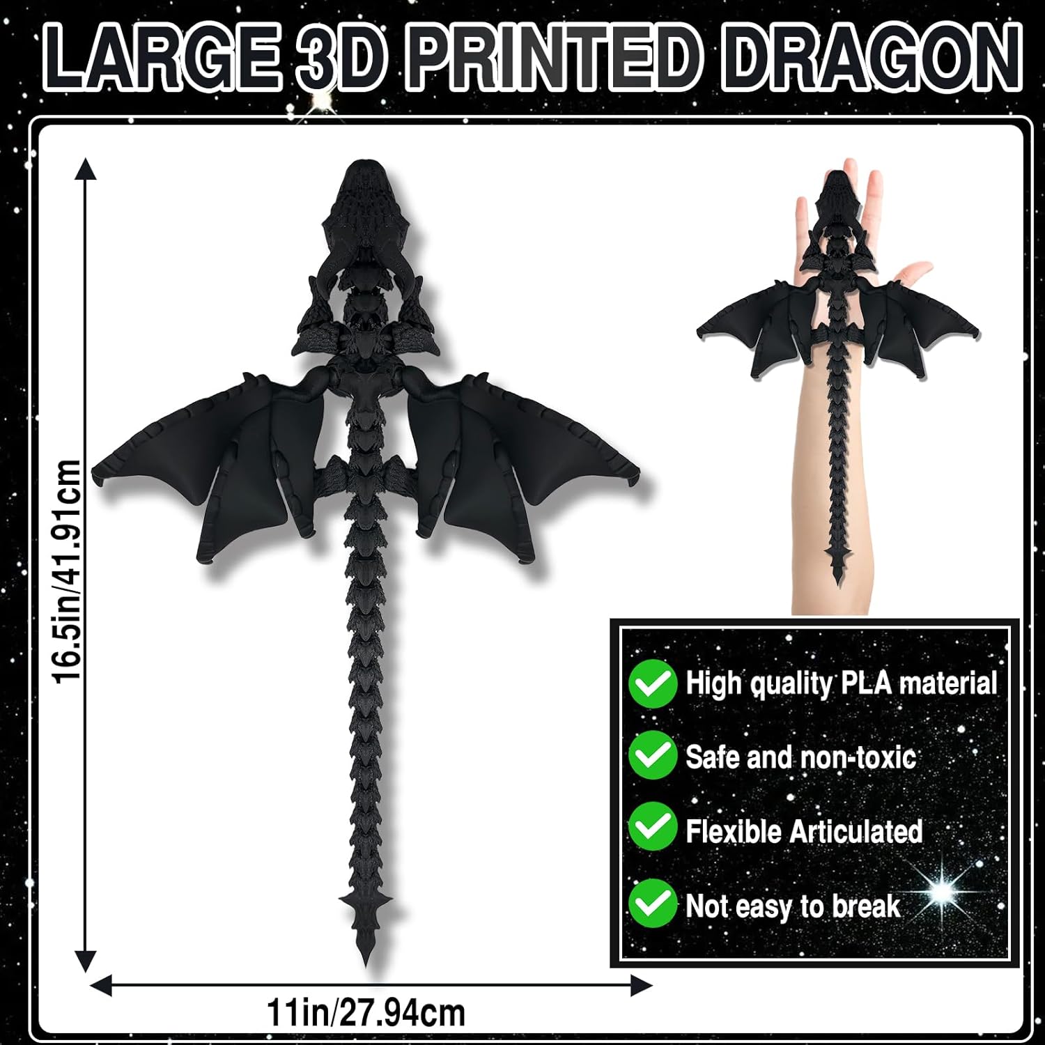 LNANTCZ 3D Printed Dragon with Wings, 16.9 Inches Large Articulated Dragon Fidget Toy, 3D Printed Animals Toys, Flexible Crystal Dragon Model, Desktop Pet Home Office Decor Gift(Black)