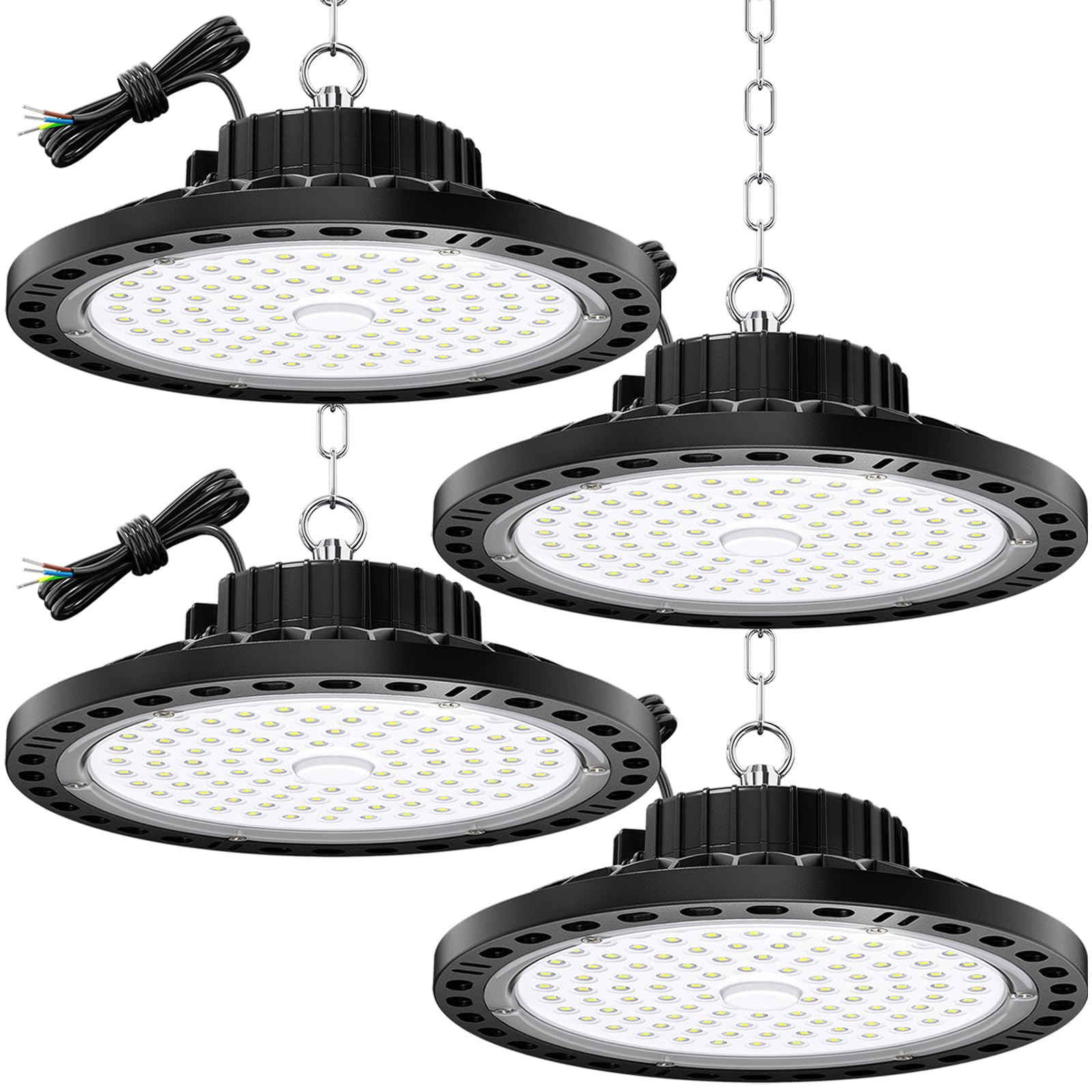 100W Faretto LED UFO Interno 4 Pezzi, Lampada LED per Capannone 10000LM con Catena Metallica da 30CM, Driver, 6500K IP65 Plafoniera LED Garage Industrial per Campana Officina Sofftto