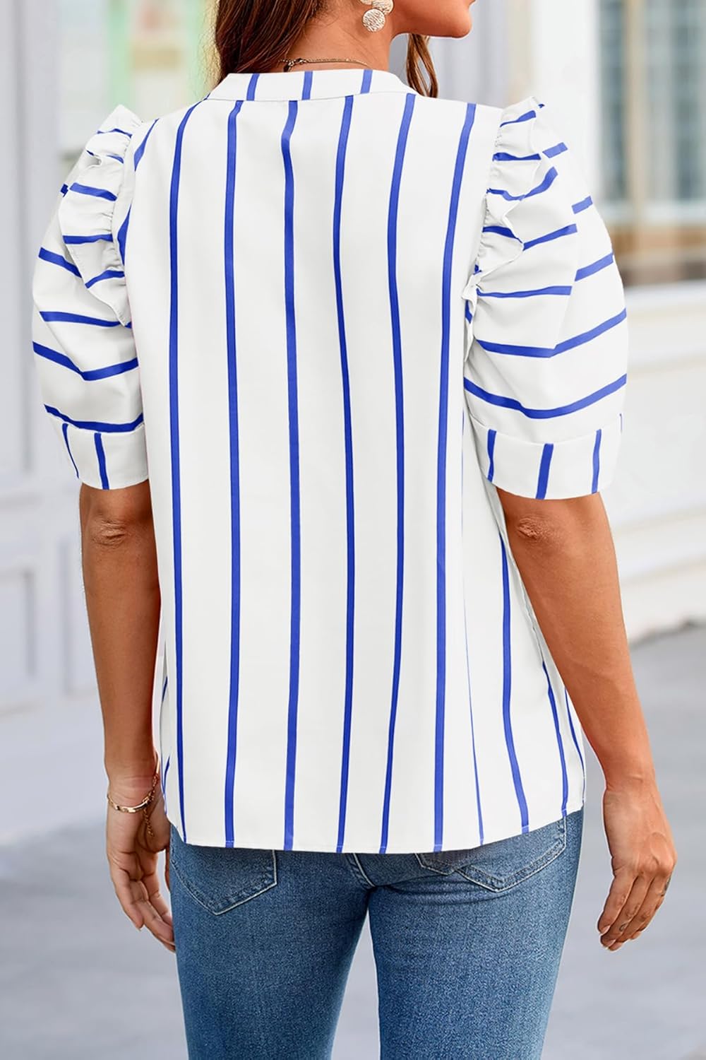 Tankaneo Womens Puff Sleeve Striped Blouses Dressy Casual V Neck Shirts Summer Trendy Loose Fit Tunic Tops - Image 5