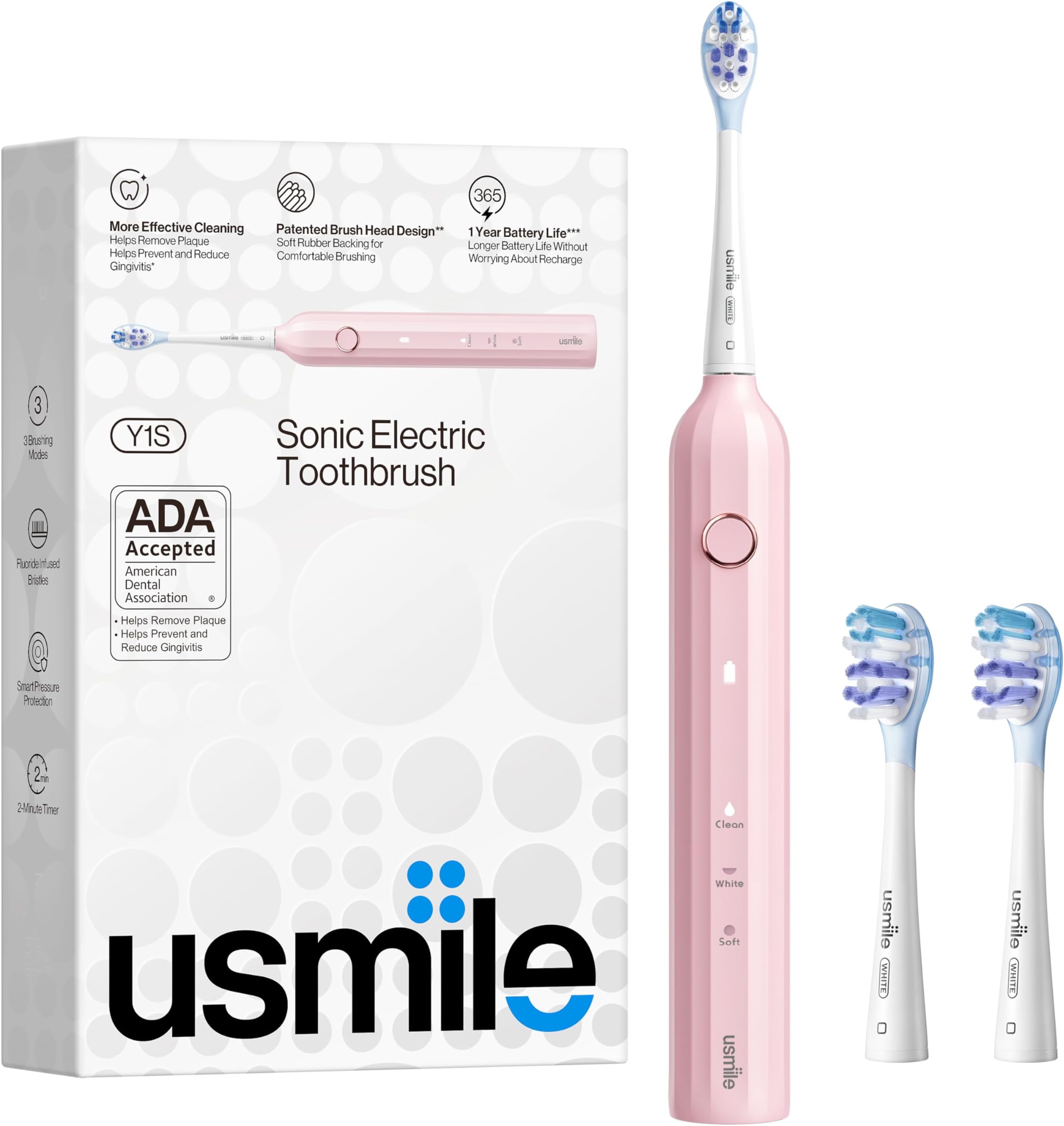 usmile[ADA Accepted] Electric Toothbrush, Type-C Rechargeable Sonic Toothbrush for Adults with 2 Brush Heads, 1 Charge Lasts for 365 Days, Whitening Powered Toothbrush with Smart Timer, Y1S Pink