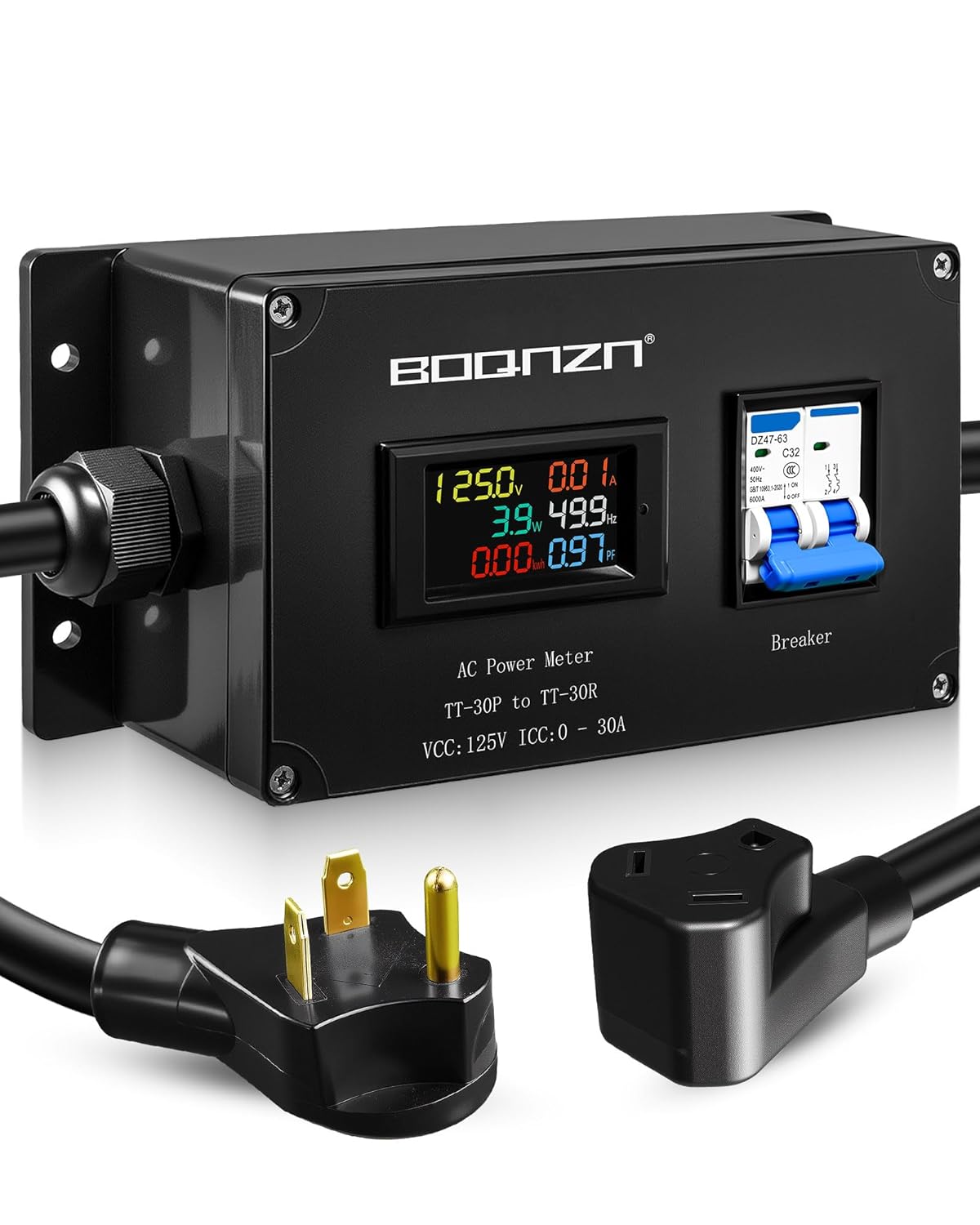 30A 125V AC Power Meter, NEMA TT-30P to TT-30R Outlet Monitor, Multifunction Energy Monitor Voltage Current Frequency Power Factor, LCD Display Digital Multimeter with Input/Output Wiring Harness