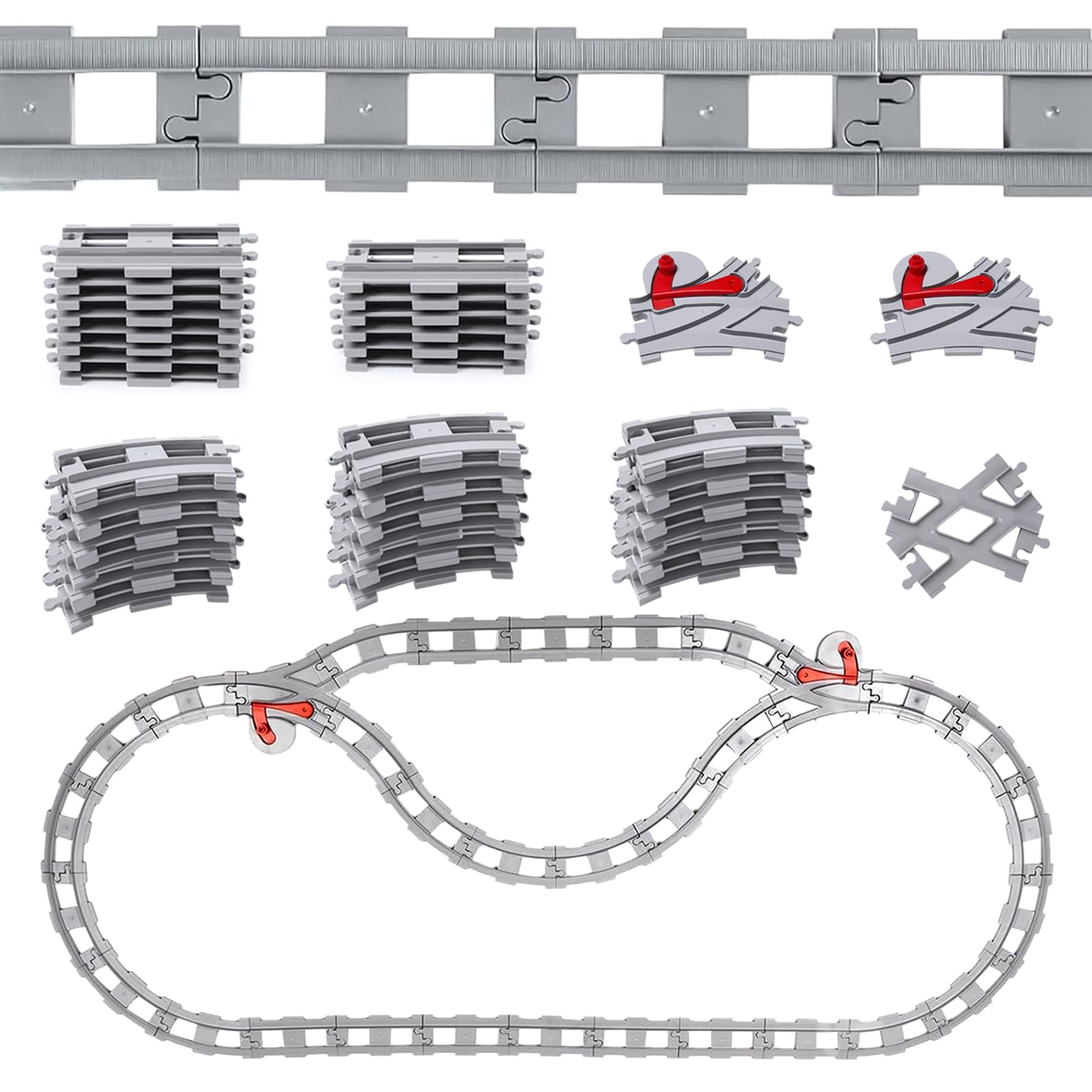 Set di 47 binari per treno, set di binari per ferrovie, compatibili con il leader di mercato, cambiare orbita, diritta, curva, binari per ferrovie, giocattoli per bambini (47 pezzi)